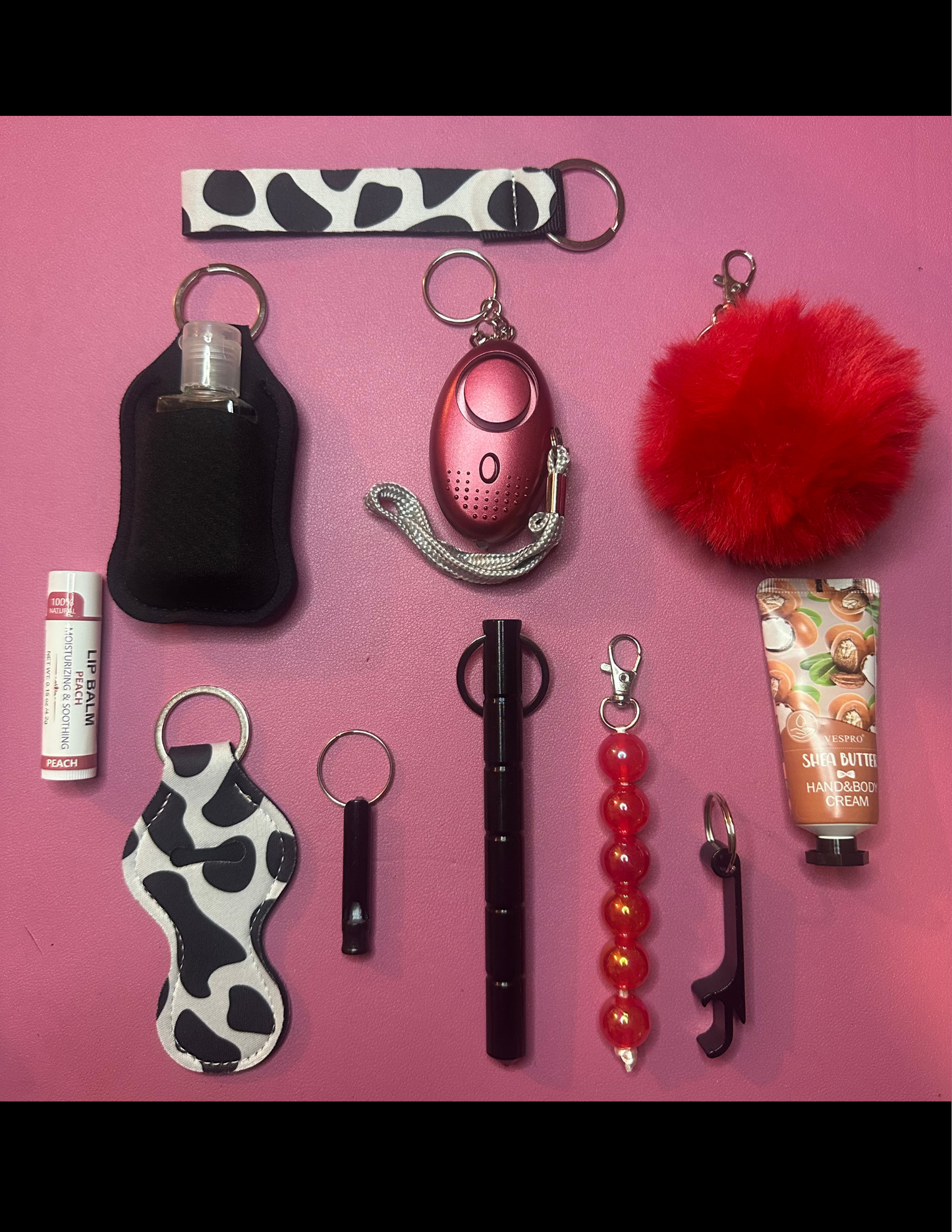 Safety Defense Keychain Red Cow Pattern, Cute Car Keys, Protection for Women, Teens, Kids, Moms, Personal Aesthetic, Wristlet Safety Alarm