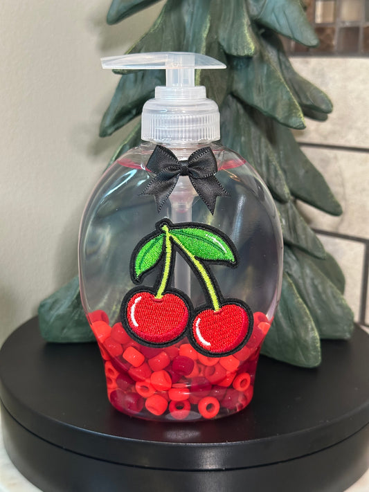 Handmade Hand Soap or Hand Sanitizer Beaded Cherries Dispenser, Decorative Bathroom, Kitchen Décor, Housewarming Gift, Cute Soap