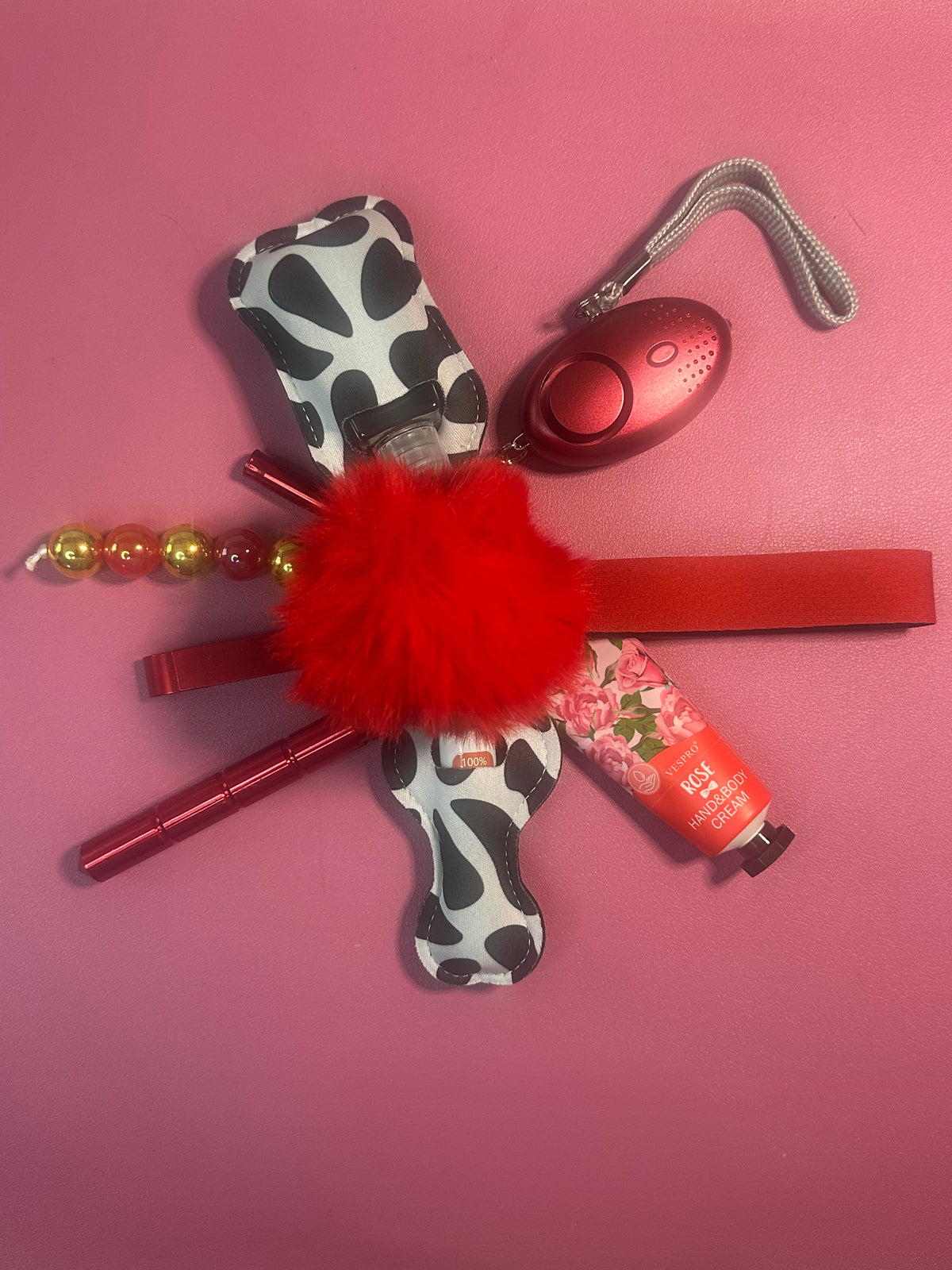 Safety Defense Keychain- Red and Cow Pattern, Cute Car Keys, Protection for Women, Teens, Moms, Personal Aesthetic, Wristlet Safety Alarm