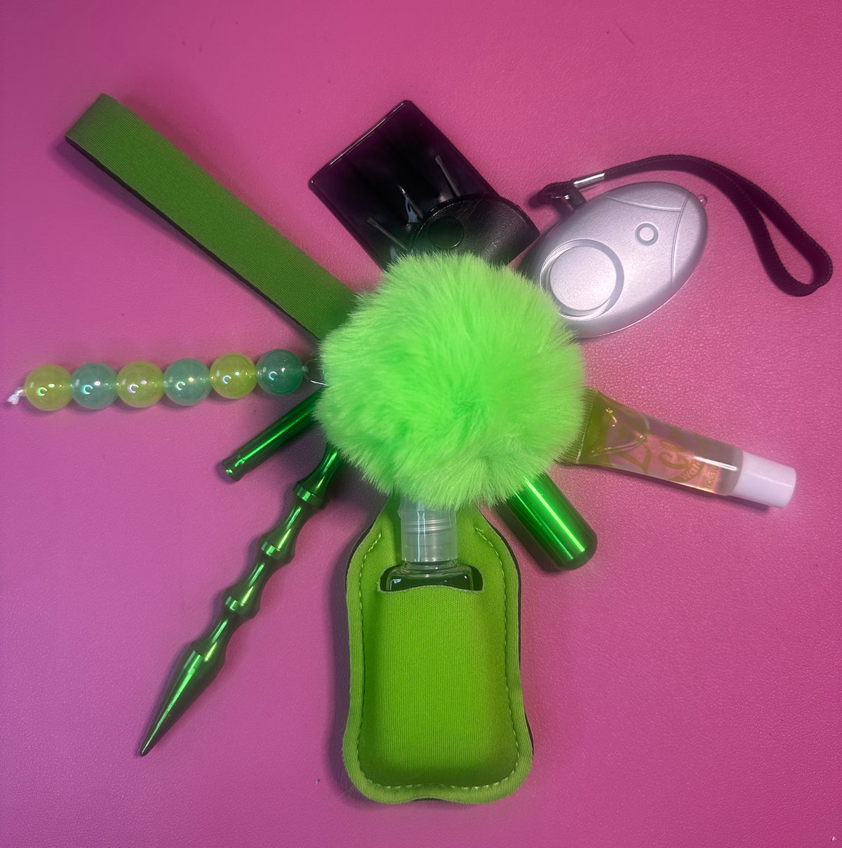Safety Defense Keychain- Green and Silver, Cute Car Keys, Protection for Women, Teens, Moms, Personal Aesthetic, Wristlet Safety Alarm