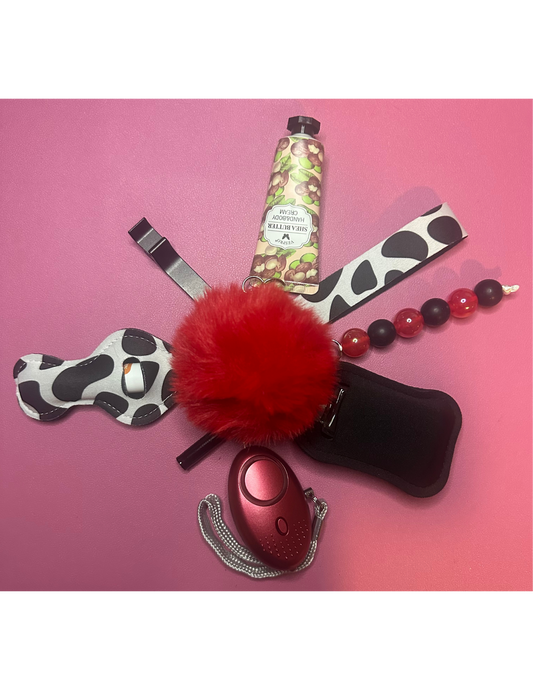Safety Defense Keychain Red Cow Pattern, Cute Car Keys, Protection for Women, Teens, Kids, Moms, Personal Aesthetic, Wristlet Safety Alarm