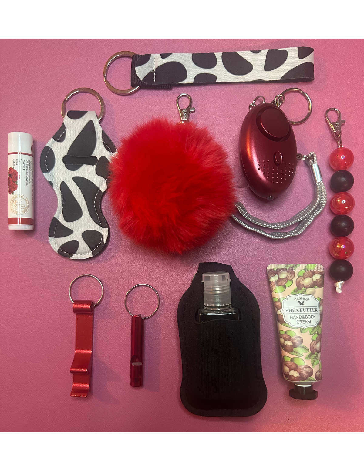 Safety Defense Keychain Red Cow Pattern, Cute Car Keys, Protection for Women, Teens, Kids, Moms, Personal Aesthetic, Wristlet Safety Alarm