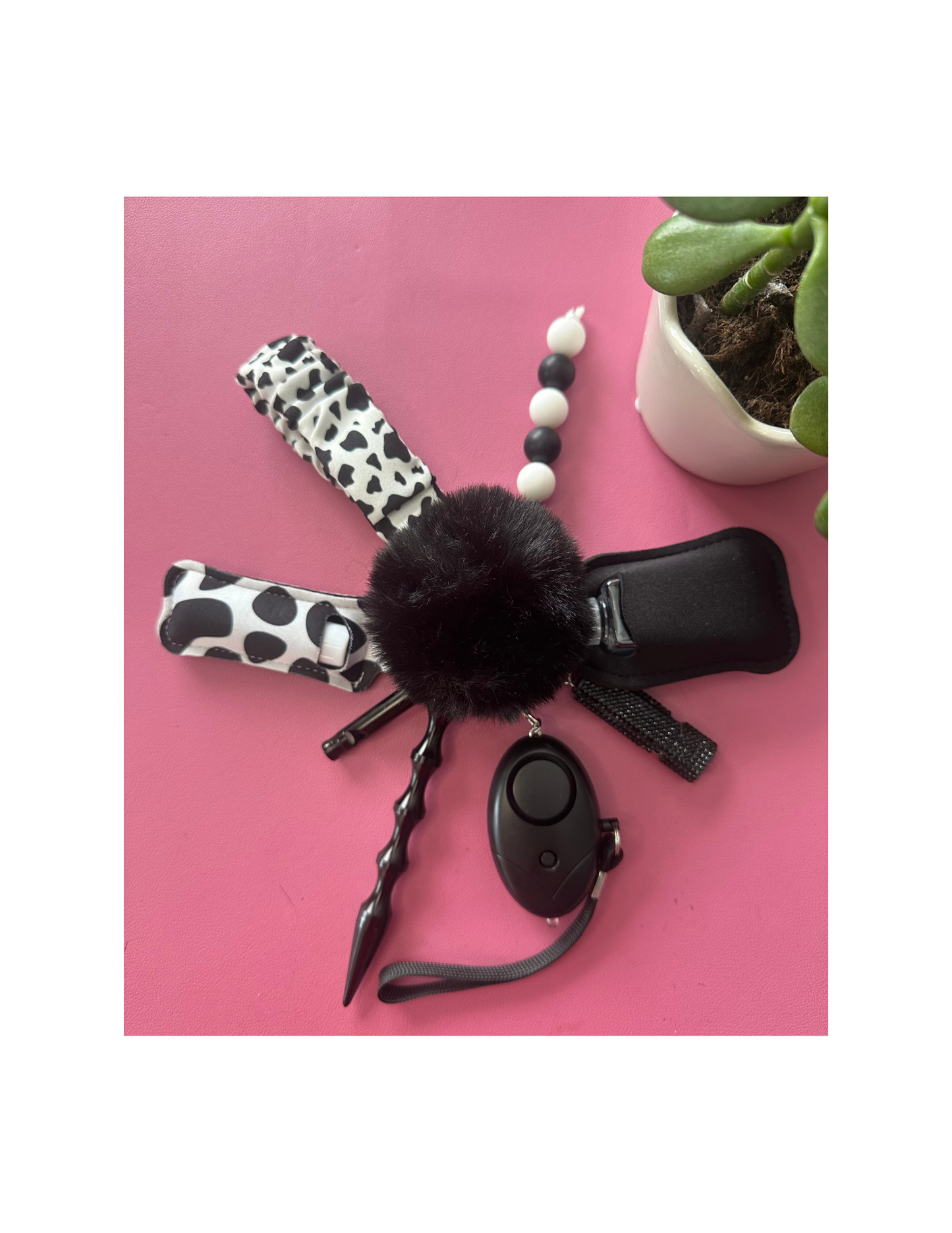 Black and White Cow Wristlet Safety Defense Keychain