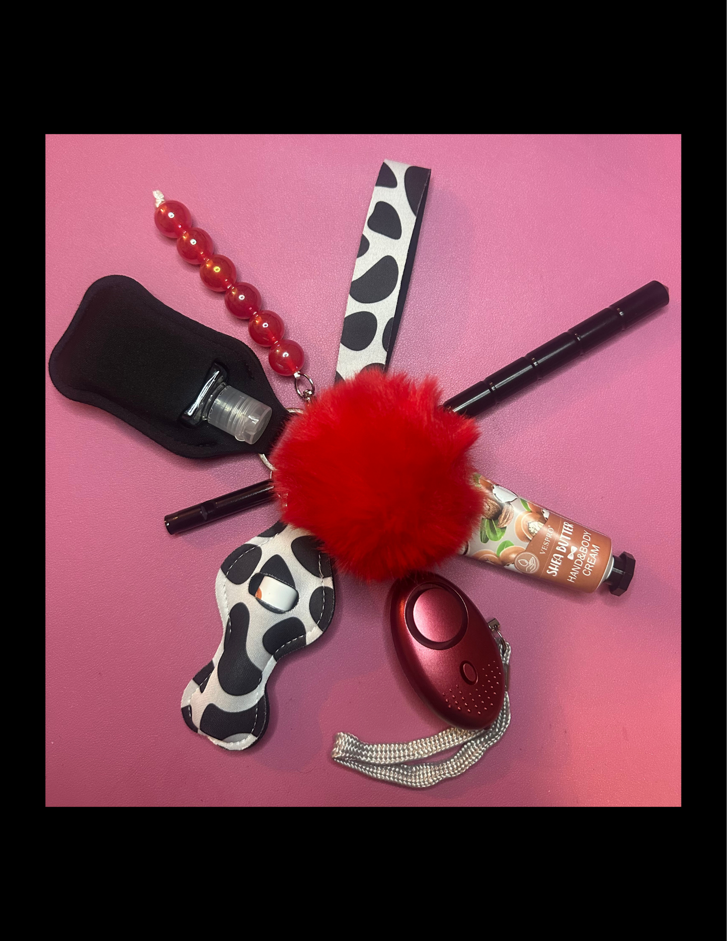 Safety Defense Keychain Red Cow Pattern, Cute Car Keys, Protection for Women, Teens, Kids, Moms, Personal Aesthetic, Wristlet Safety Alarm