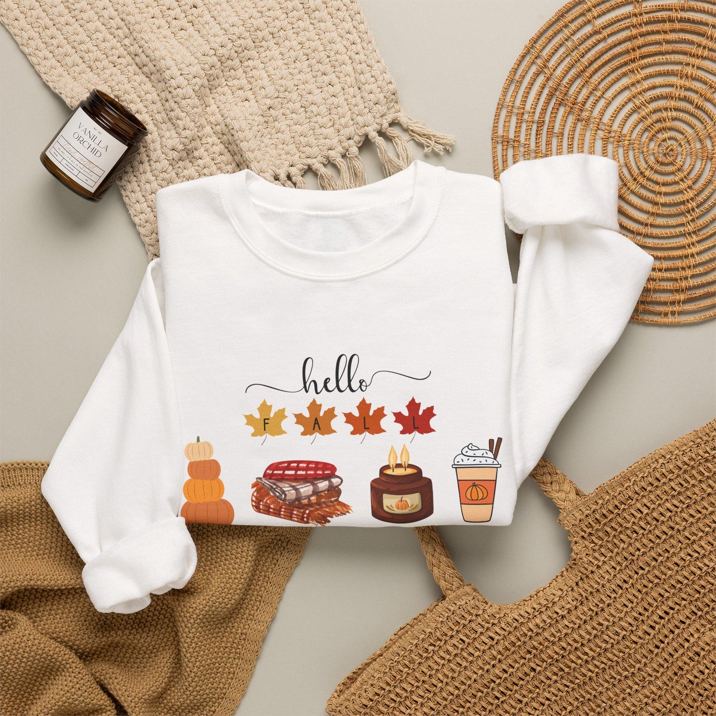 Hello Fall autumn leaves pumpkin pie latte sweater sweatshirt | Cozy comfortable cold weather season