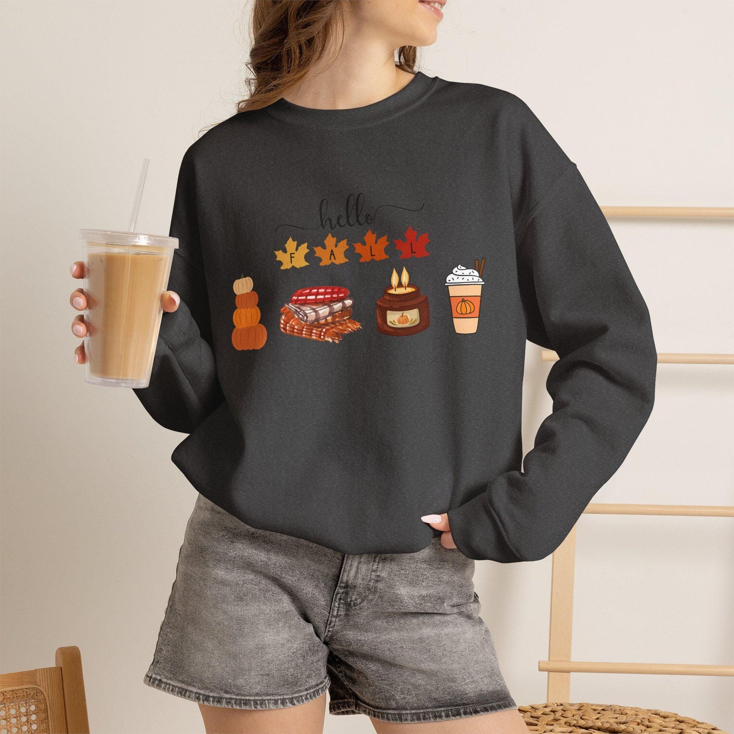 Hello Fall autumn leaves pumpkin pie latte sweater sweatshirt | Cozy comfortable cold weather season
