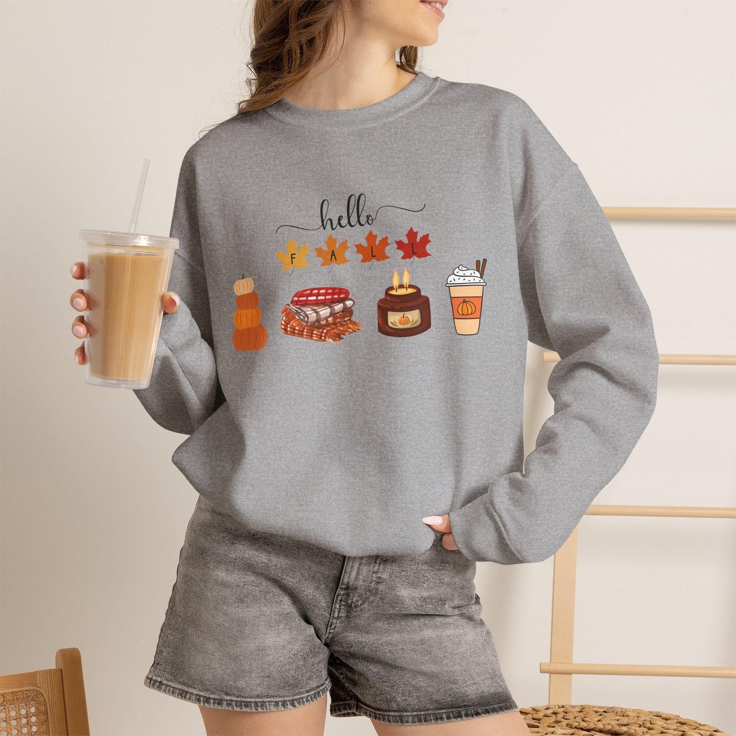Hello Fall autumn leaves pumpkin pie latte sweater sweatshirt | Cozy comfortable cold weather season