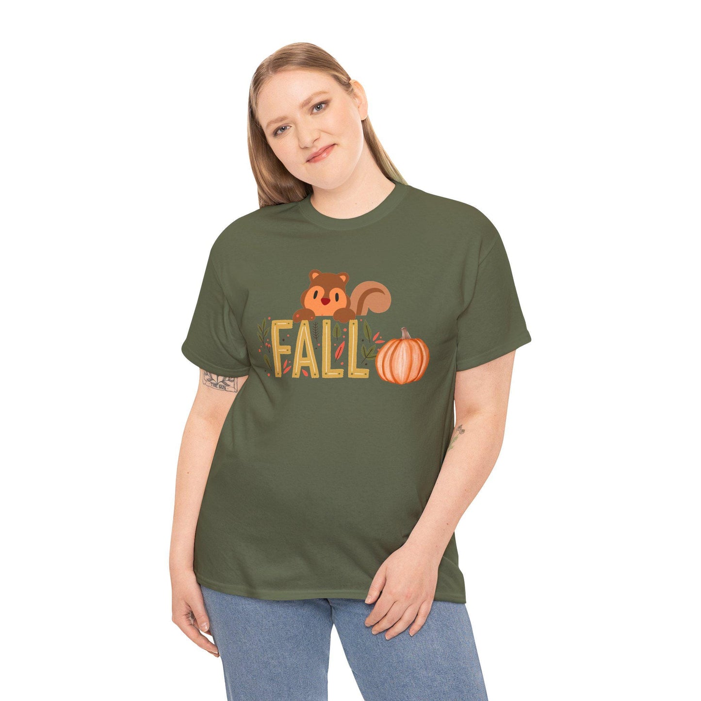 Fall Squirrel Tee, Pumpkin, Autumn Leaves, Cute Woodland Design, Pumpkin Season Apparel, Female Cozy, Women CrewneckVibe, Comfortable Attire