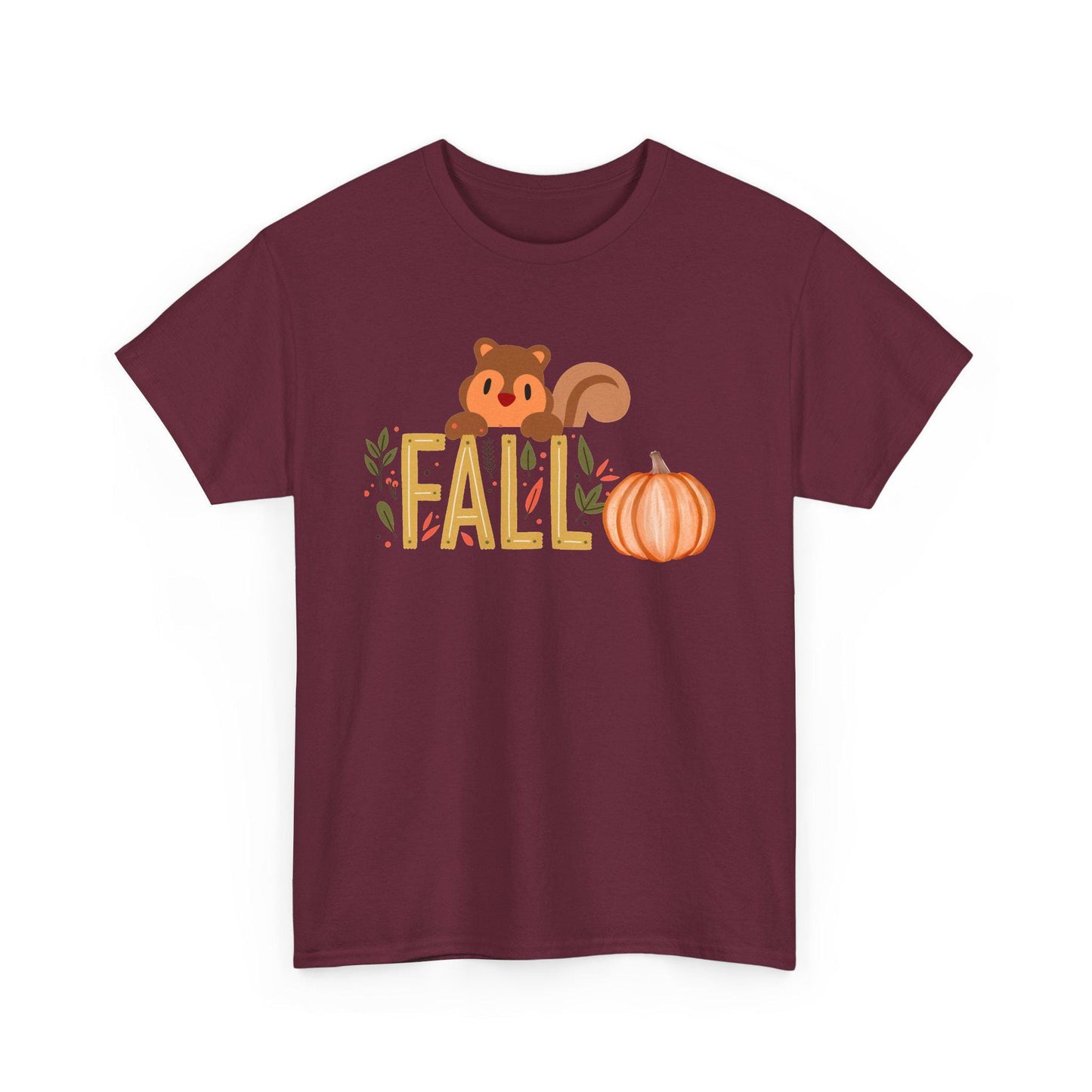 Fall Squirrel Tee, Pumpkin, Autumn Leaves, Cute Woodland Design, Pumpkin Season Apparel, Female Cozy, Women CrewneckVibe, Comfortable Attire