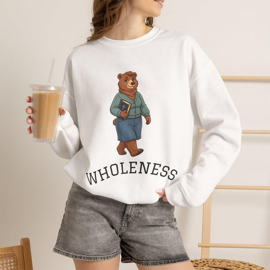 Women's Crewneck Sweatshirt, Wholeness Bear Graphic with Back Text "He Walks with Me", Christian Apparel, Christ Cozy Attire, Bible Theme