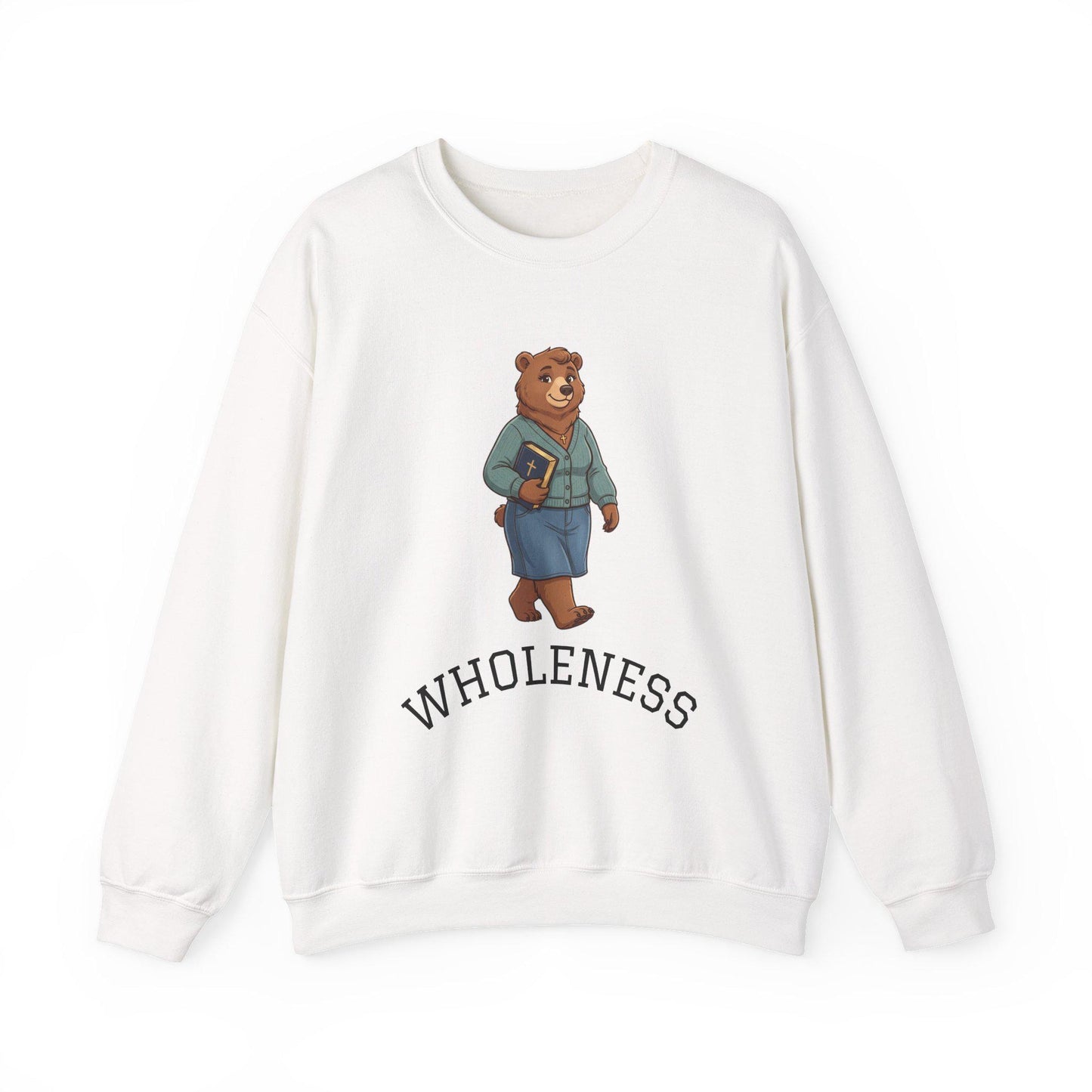 Women's Crewneck Sweatshirt, Wholeness Bear Graphic with Back Text "He Walks with Me", Christian Apparel, Christ Cozy Attire, Bible Theme