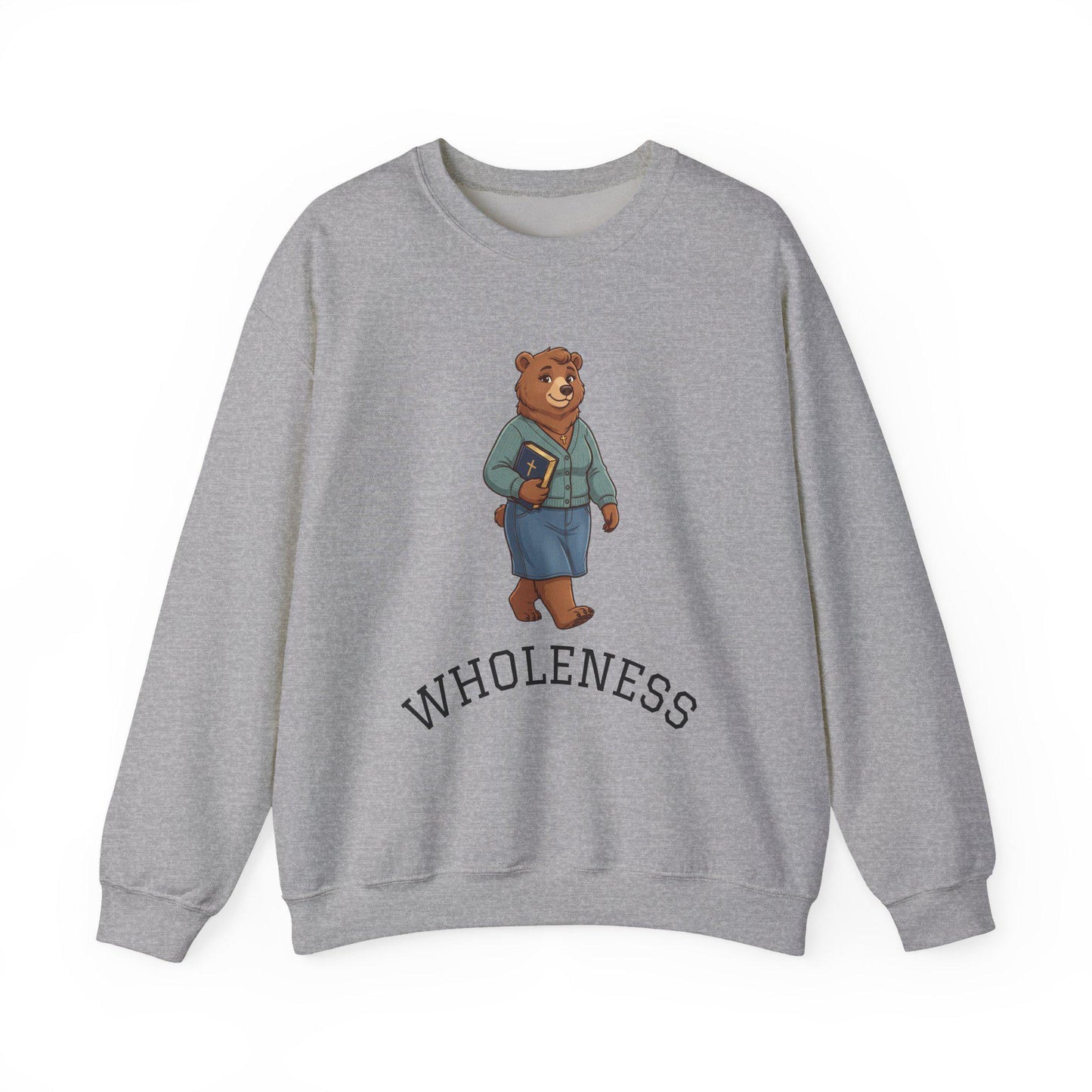 Women's Crewneck Sweatshirt, Wholeness Bear Graphic with Back Text "He Walks with Me", Christian Apparel, Christ Cozy Attire, Bible Theme