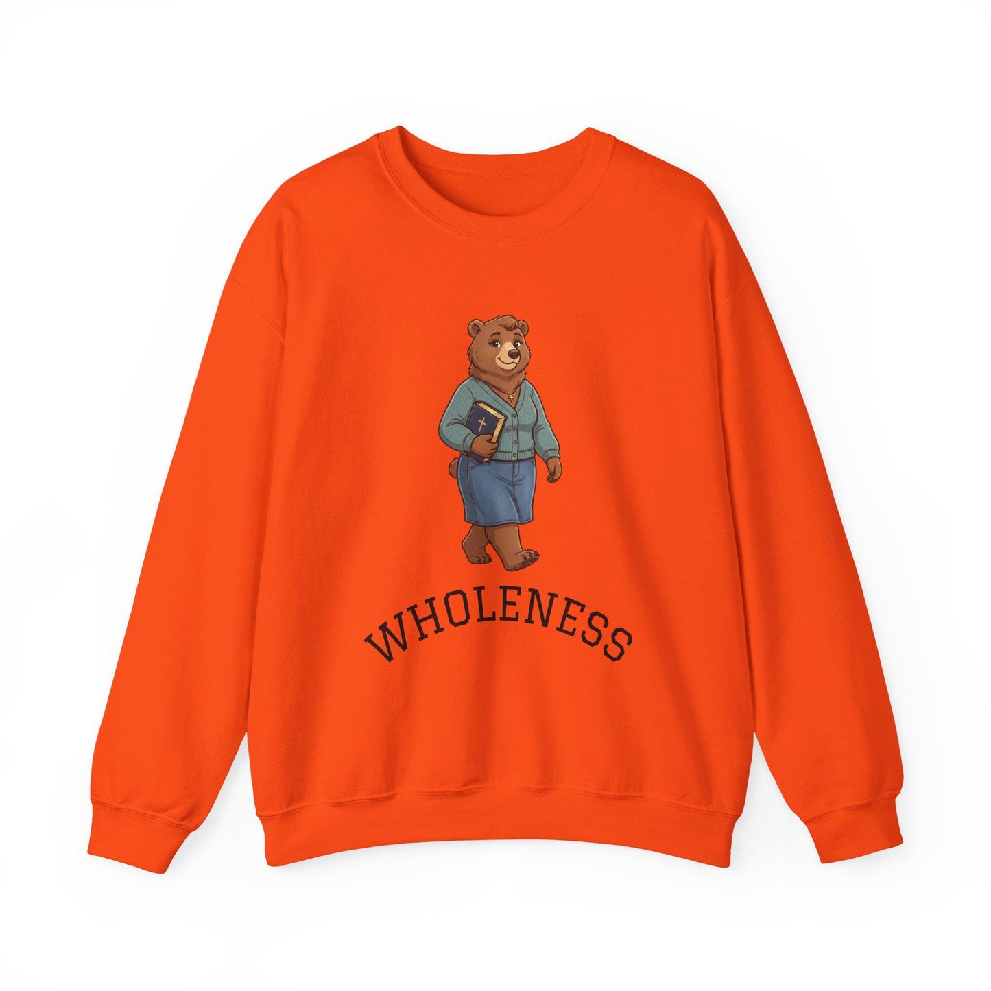 Women's Crewneck Sweatshirt, Wholeness Bear Graphic with Back Text "He Walks with Me", Christian Apparel, Christ Cozy Attire, Bible Theme
