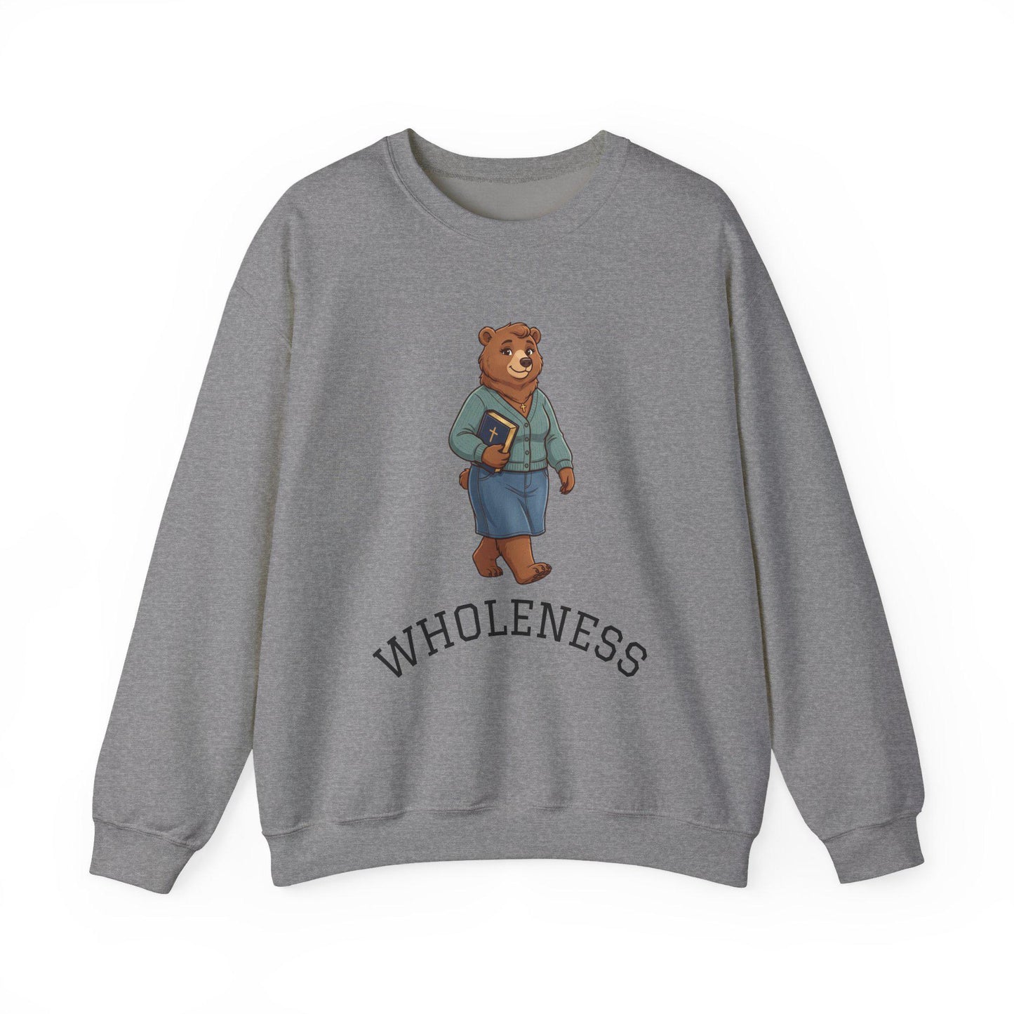 Women's Crewneck Sweatshirt, Wholeness Bear Graphic with Back Text "He Walks with Me", Christian Apparel, Christ Cozy Attire, Bible Theme