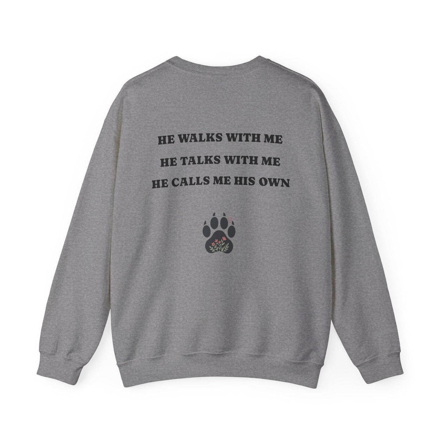 Women's Crewneck Sweatshirt, Wholeness Bear Graphic with Back Text "He Walks with Me", Christian Apparel, Christ Cozy Attire, Bible Theme