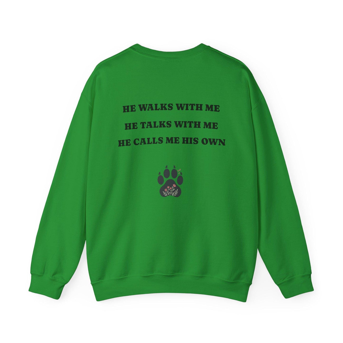 Women's Crewneck Sweatshirt, Wholeness Bear Graphic with Back Text "He Walks with Me", Christian Apparel, Christ Cozy Attire, Bible Theme