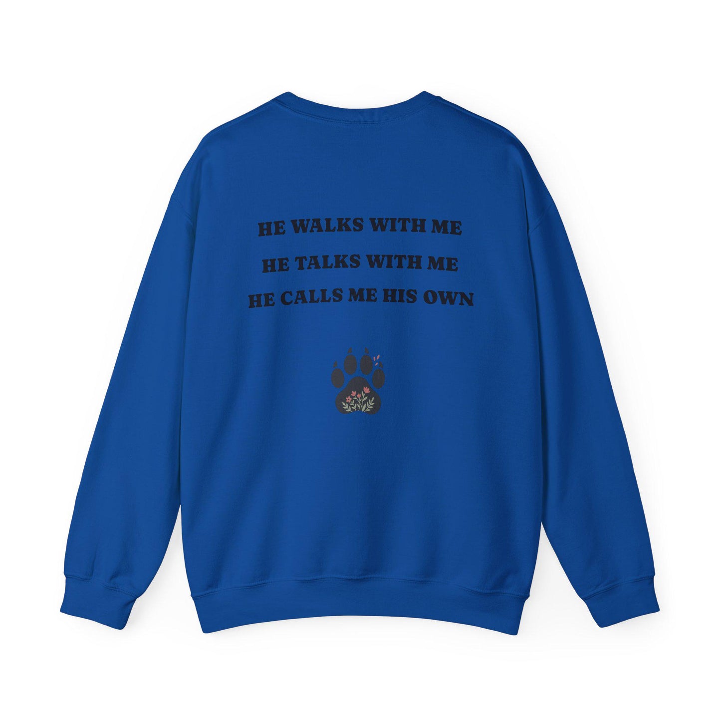 Women's Crewneck Sweatshirt, Wholeness Bear Graphic with Back Text "He Walks with Me", Christian Apparel, Christ Cozy Attire, Bible Theme