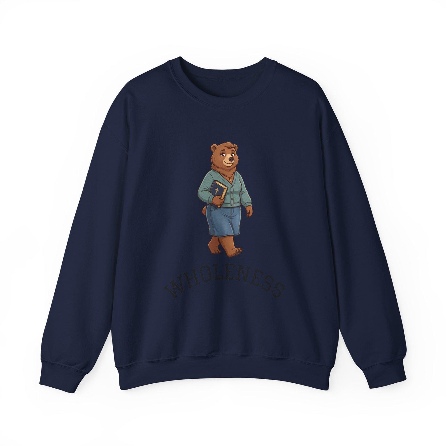 Women's Crewneck Sweatshirt, Wholeness Bear Graphic with Back Text "He Walks with Me", Christian Apparel, Christ Cozy Attire, Bible Theme