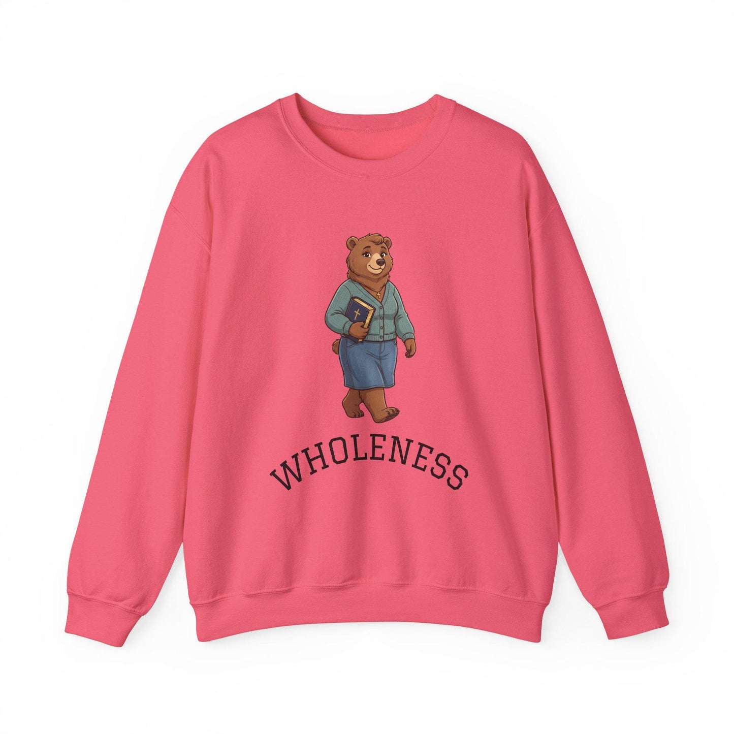 Women's Crewneck Sweatshirt, Wholeness Bear Graphic with Back Text "He Walks with Me", Christian Apparel, Christ Cozy Attire, Bible Theme