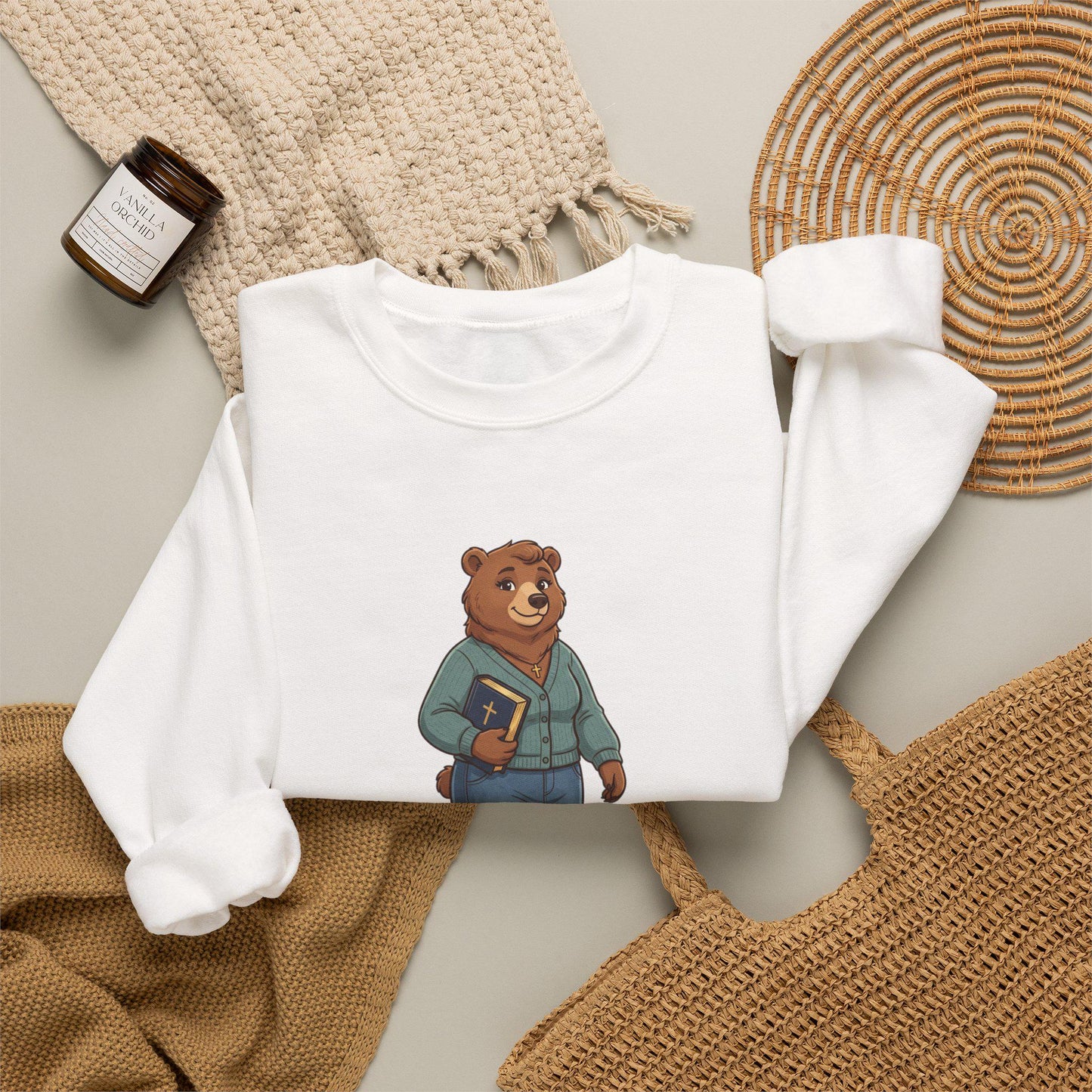 Women's Crewneck Sweatshirt, Wholeness Bear Graphic with Back Text "He Walks with Me", Christian Apparel, Christ Cozy Attire, Bible Theme