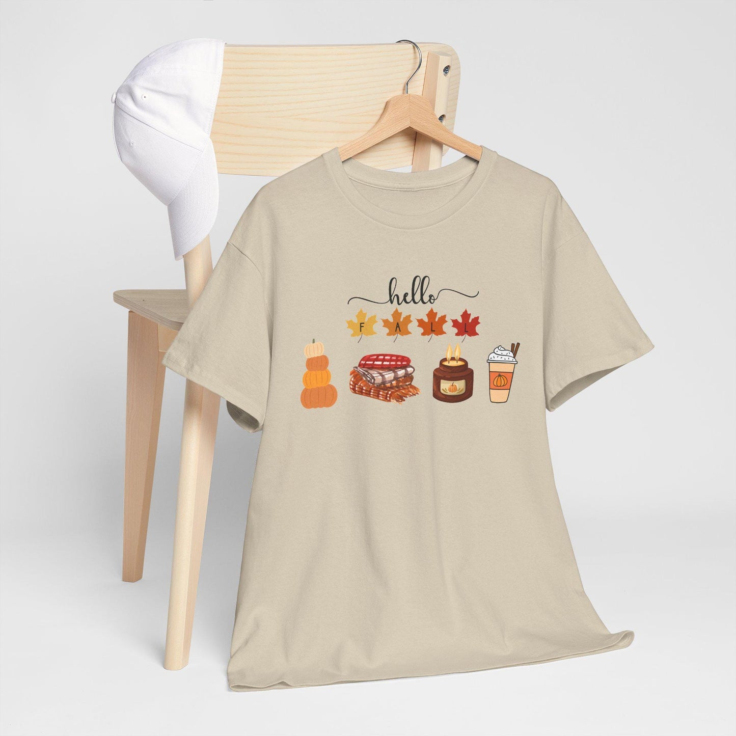 Hello Autumn Icons Tee, Pumpkin Pie, Maple Leaves, Hot Drink TShirt, Short Sleeve Female Top, Harvest Season Comfortable Cozy Fall Wear