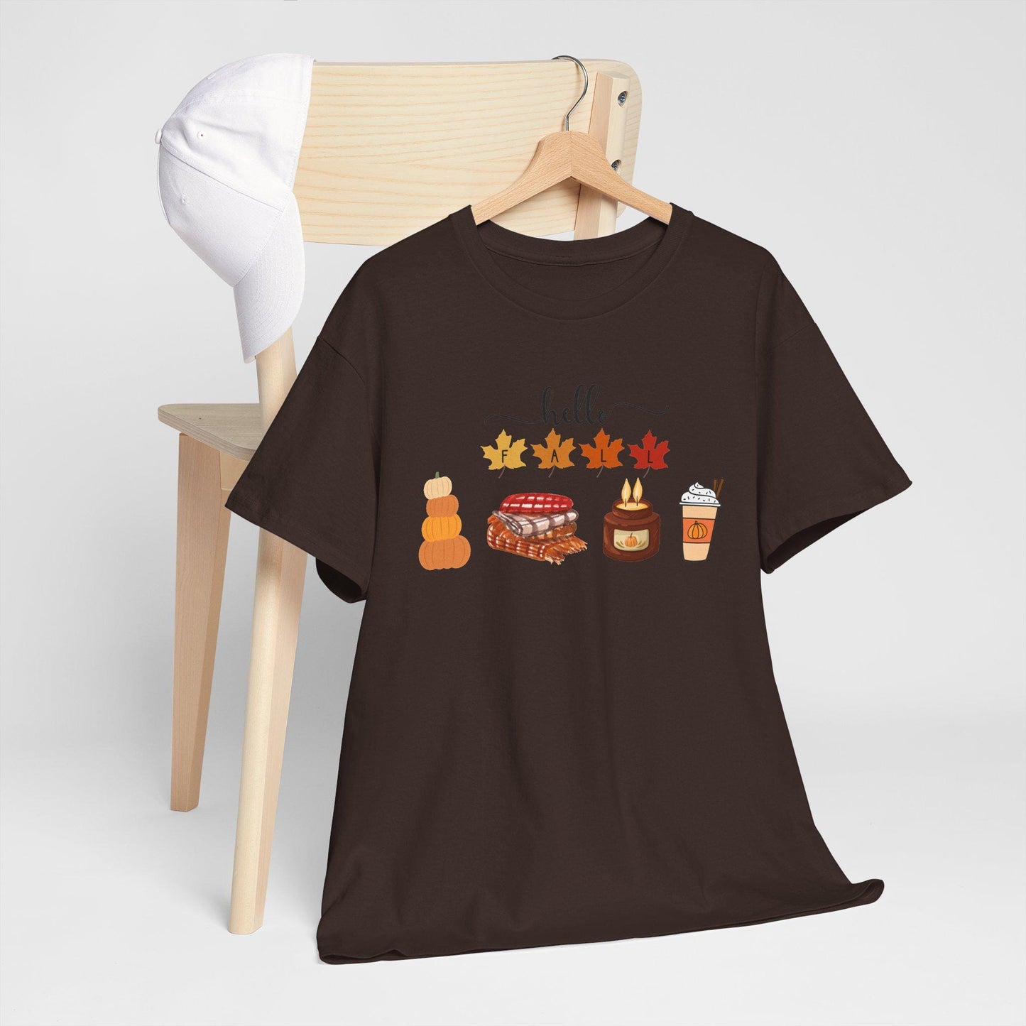 Hello Autumn Icons Tee, Pumpkin Pie, Maple Leaves, Hot Drink TShirt, Short Sleeve Female Top, Harvest Season Comfortable Cozy Fall Wear