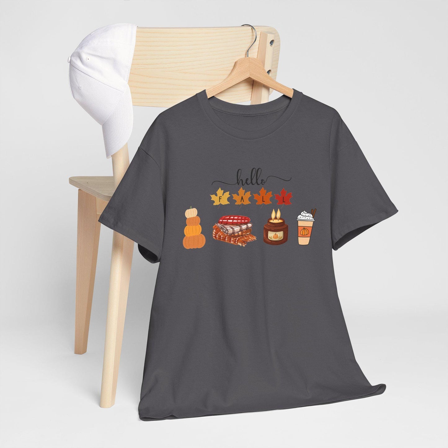 Hello Autumn Icons Tee, Pumpkin Pie, Maple Leaves, Hot Drink TShirt, Short Sleeve Female Top, Harvest Season Comfortable Cozy Fall Wear