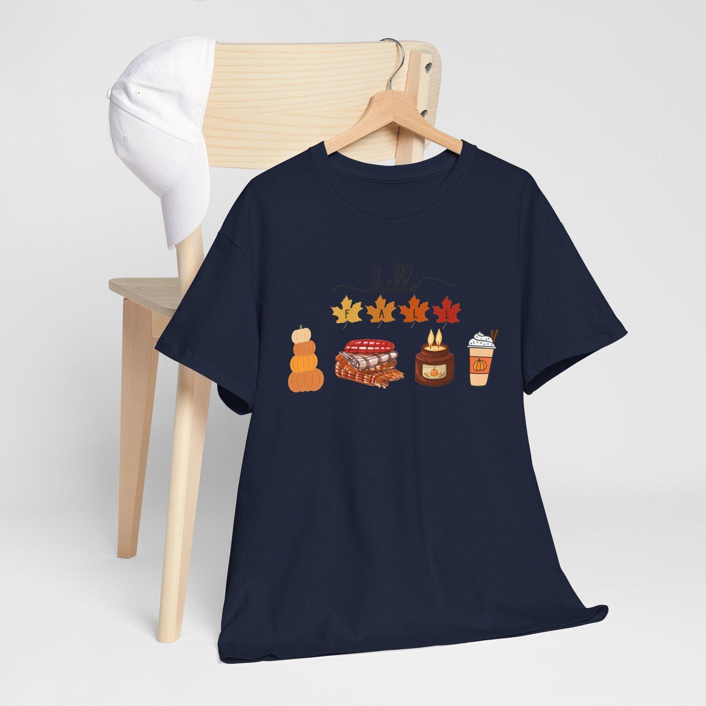 Hello Autumn Icons Tee, Pumpkin Pie, Maple Leaves, Hot Drink TShirt, Short Sleeve Female Top, Harvest Season Comfortable Cozy Fall Wear