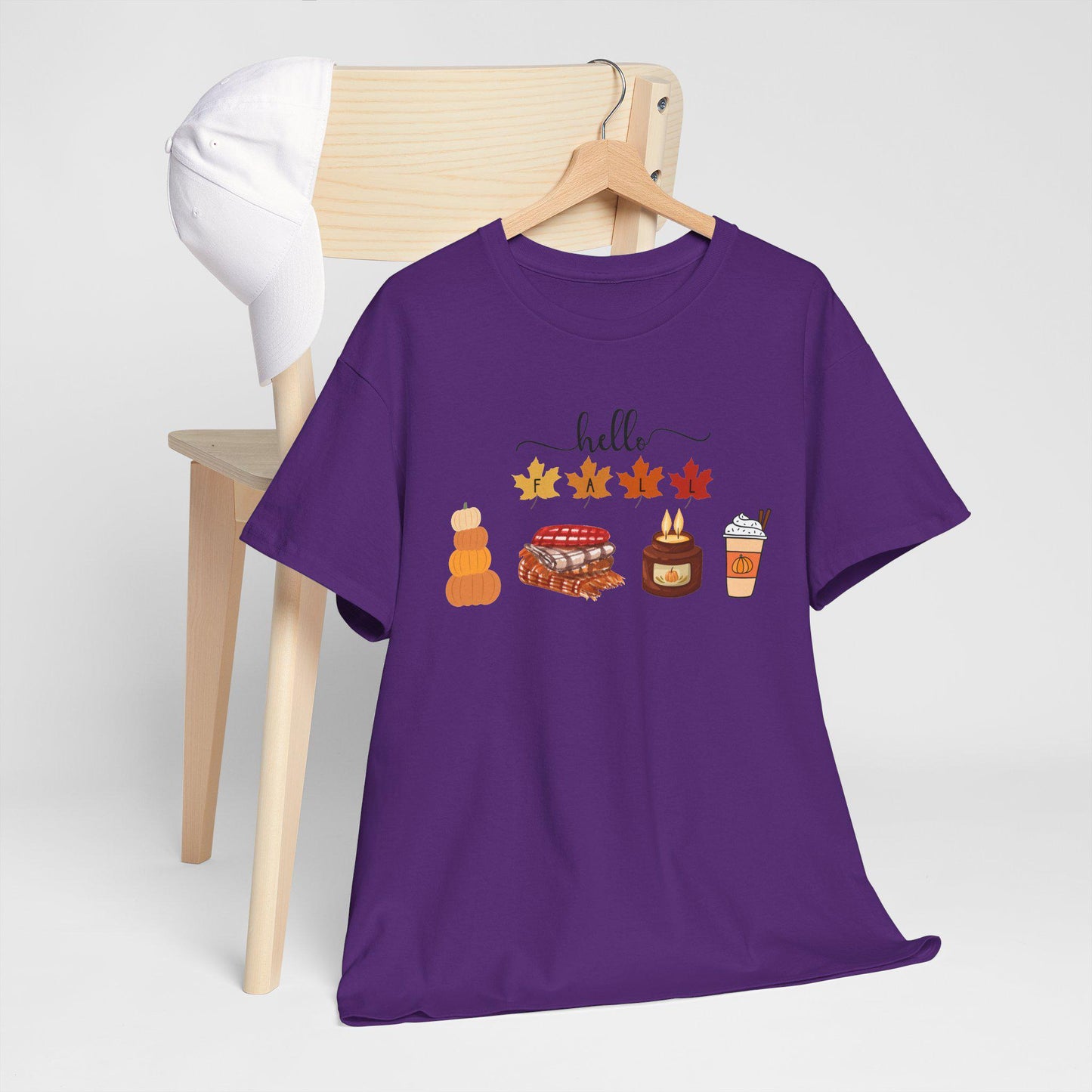 Hello Autumn Icons Tee, Pumpkin Pie, Maple Leaves, Hot Drink TShirt, Short Sleeve Female Top, Harvest Season Comfortable Cozy Fall Wear
