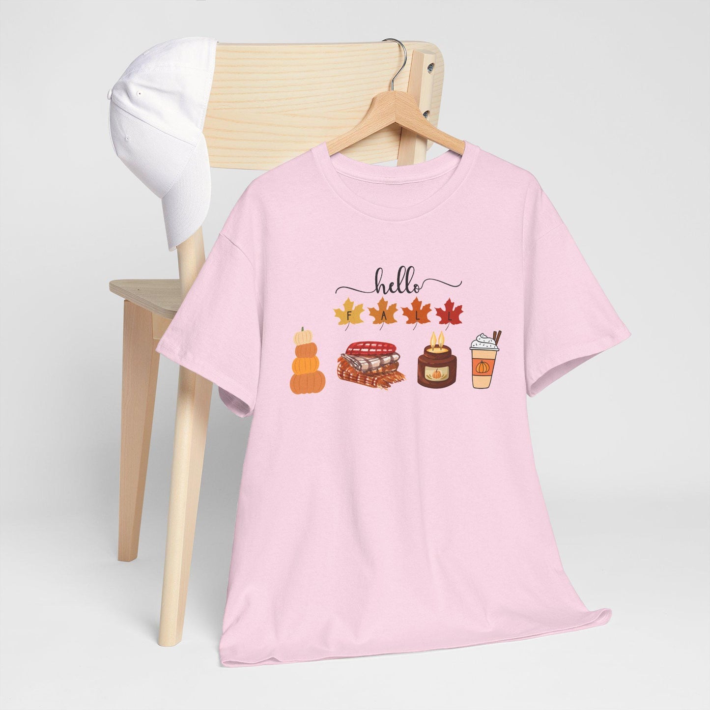 Hello Autumn Icons Tee, Pumpkin Pie, Maple Leaves, Hot Drink TShirt, Short Sleeve Female Top, Harvest Season Comfortable Cozy Fall Wear