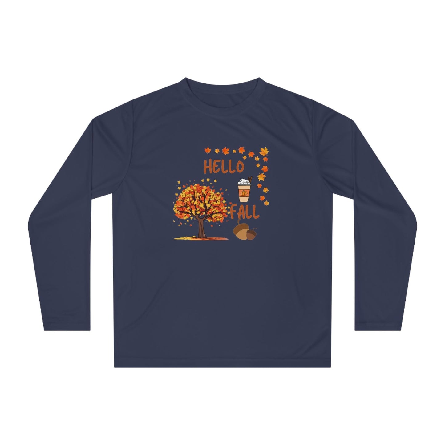 Unisex Hello Fall Long Sleeve Shirt, Autumn Tree & Pumpkin Spice Graphic, Harvest Couple Apparel, Women Cozy Season Wear, Pumpkin Theme