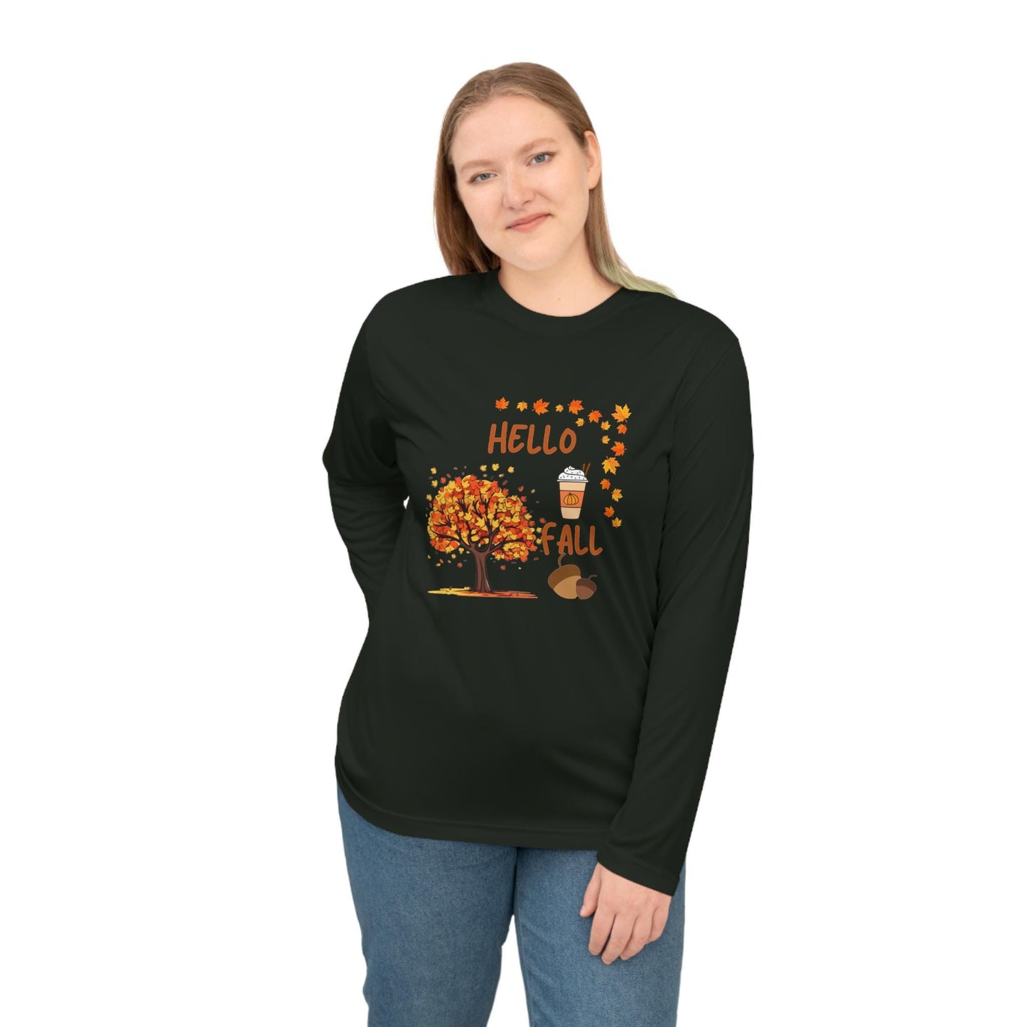 Unisex Hello Fall Long Sleeve Shirt, Autumn Tree & Pumpkin Spice Graphic, Harvest Couple Apparel, Women Cozy Season Wear, Pumpkin Theme