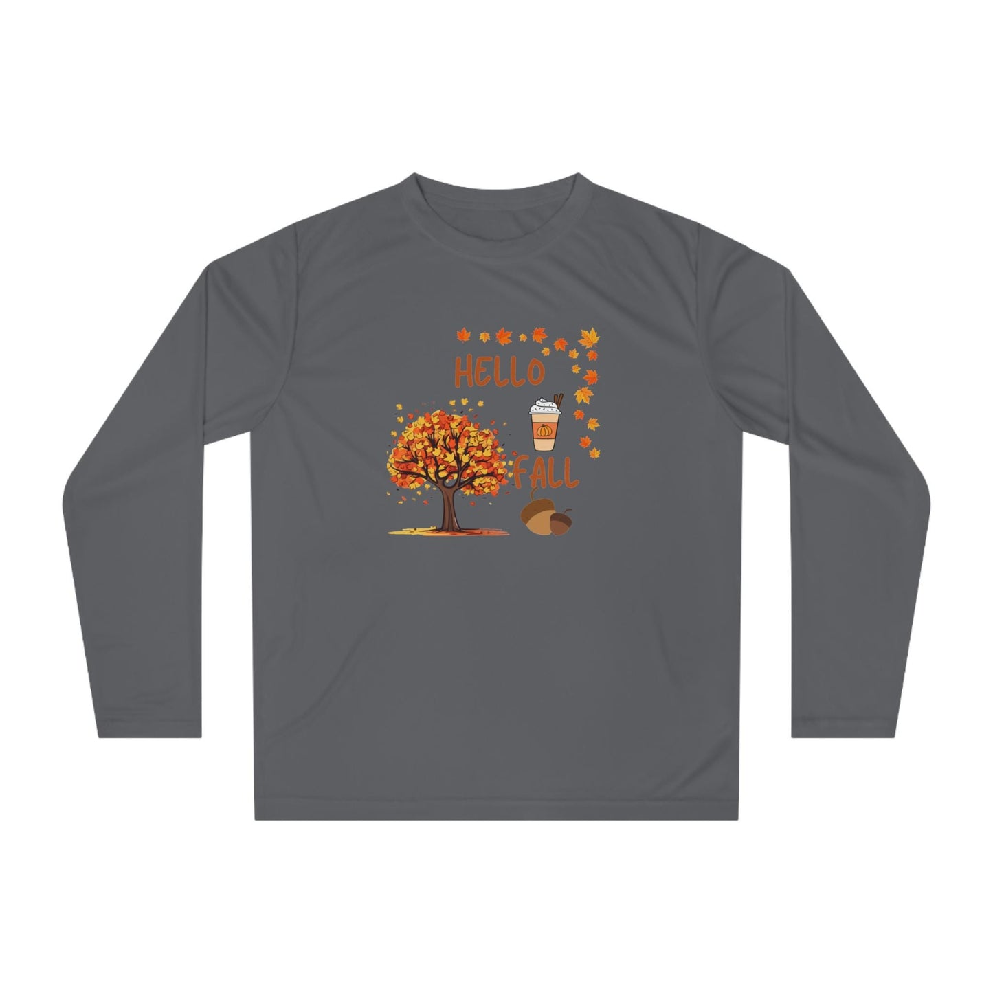 Unisex Hello Fall Long Sleeve Shirt, Autumn Tree & Pumpkin Spice Graphic, Harvest Couple Apparel, Women Cozy Season Wear, Pumpkin Theme