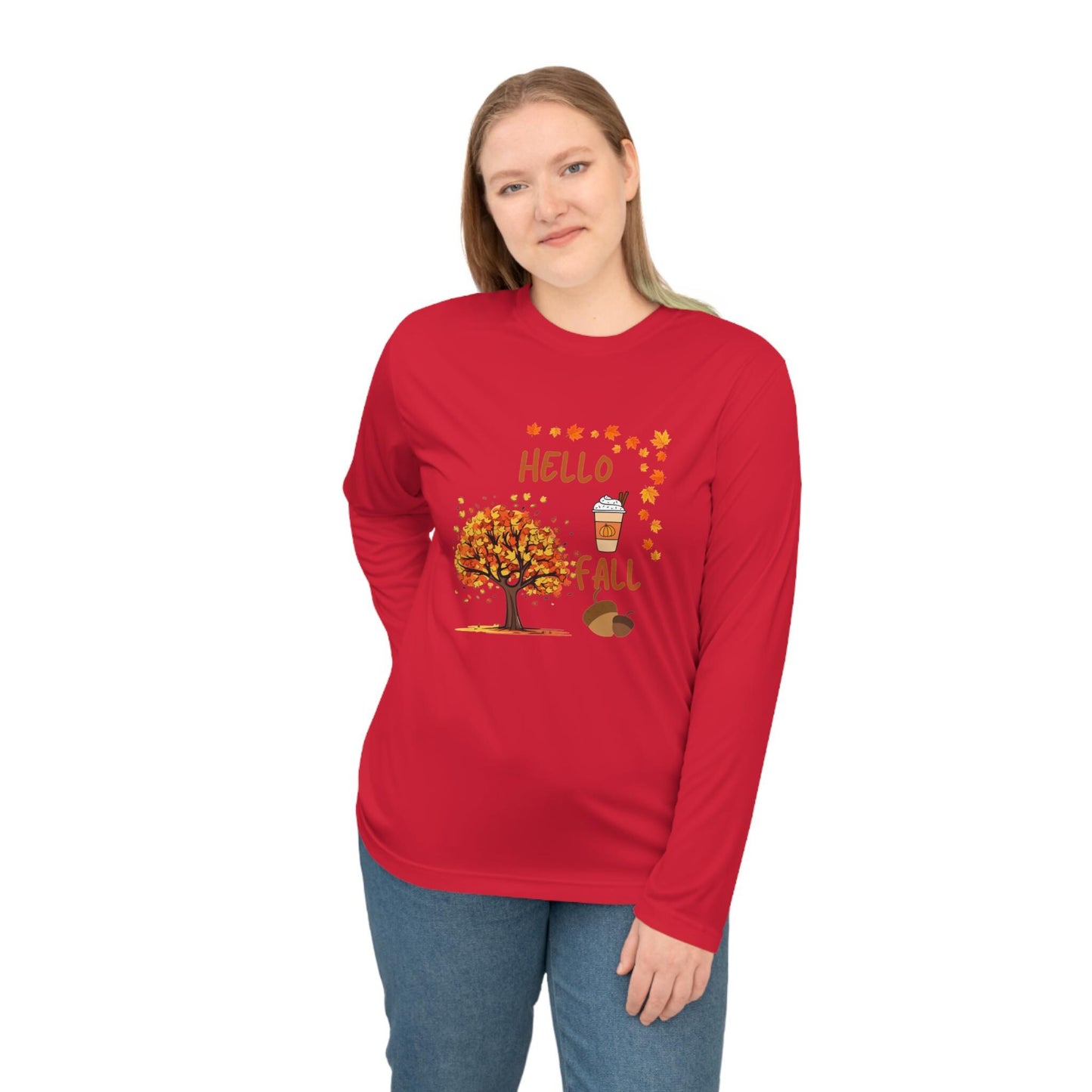Unisex Hello Fall Long Sleeve Shirt, Autumn Tree & Pumpkin Spice Graphic, Harvest Couple Apparel, Women Cozy Season Wear, Pumpkin Theme