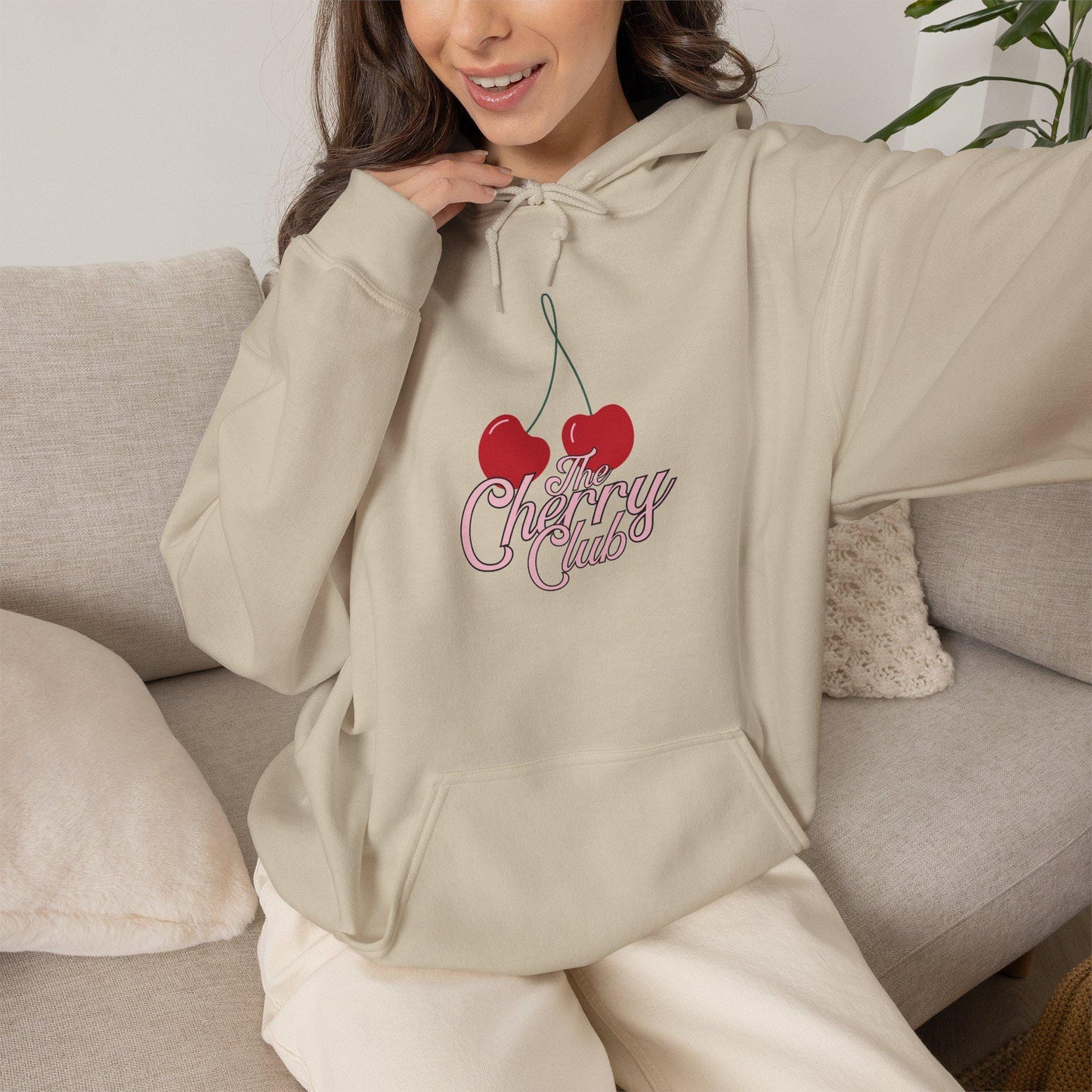 Women's Teen Female Cherry Crush Hoodie, Cute Retro Script Cherry Graphic Pullover, Oversized Vintage Apparel, Aesthetic Weather Sweather