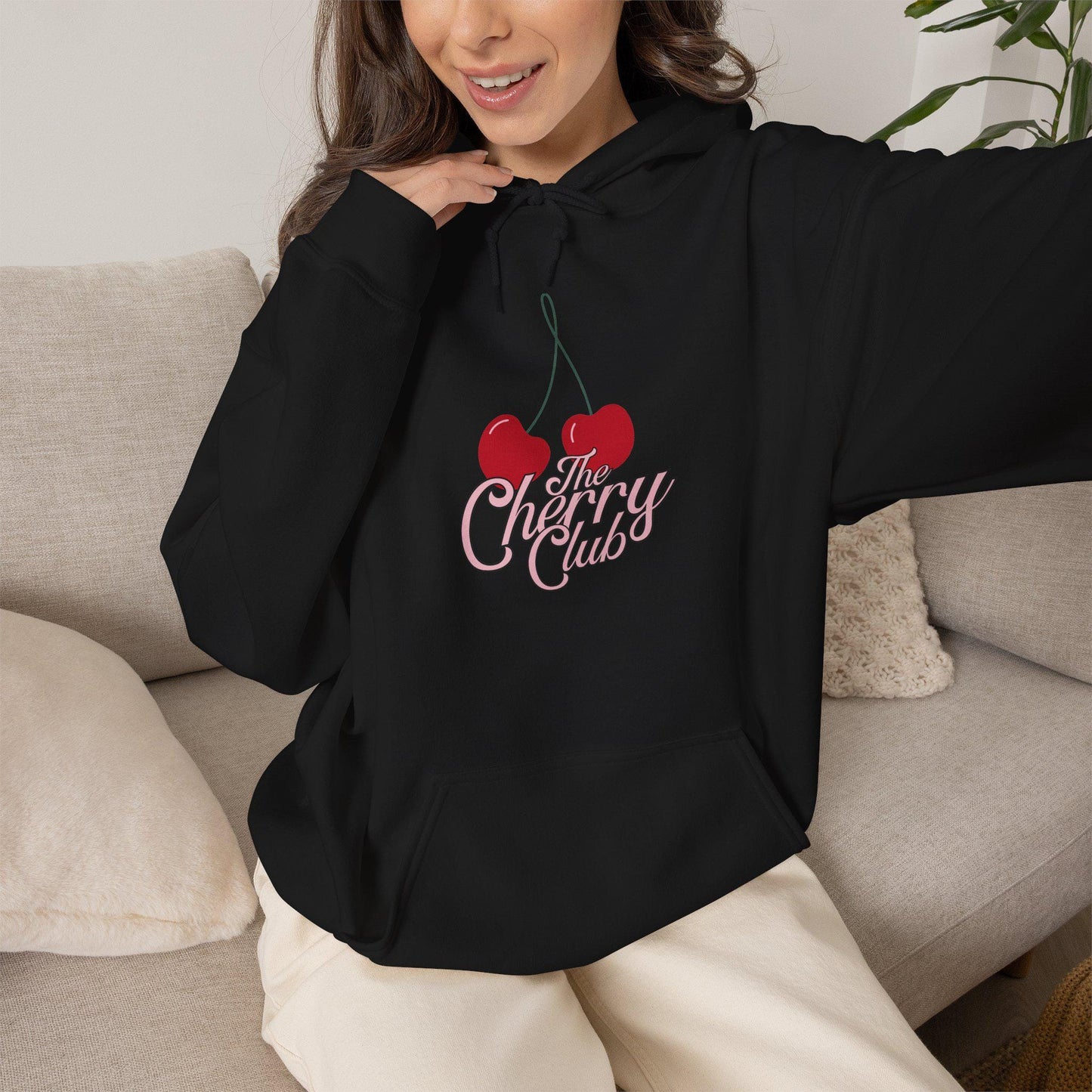 Women's Teen Female Cherry Crush Hoodie, Cute Retro Script Cherry Graphic Pullover, Oversized Vintage Apparel, Aesthetic Weather Sweather