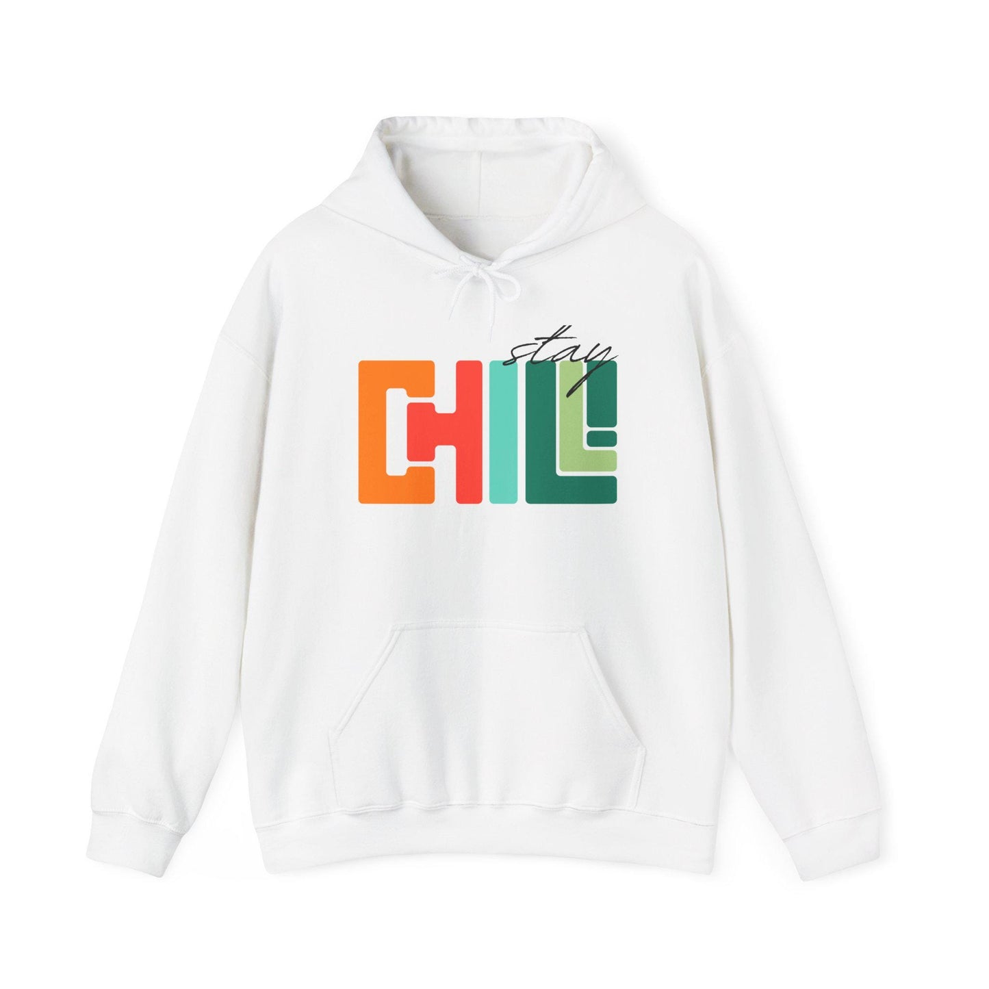 Unisex Adult Chill Graphic Hoodie Colorblock 'Stay Chill' Retro Pullover, Teacher Sweatshirt, Male Female Teen Boy Girl Cozy School Apparel