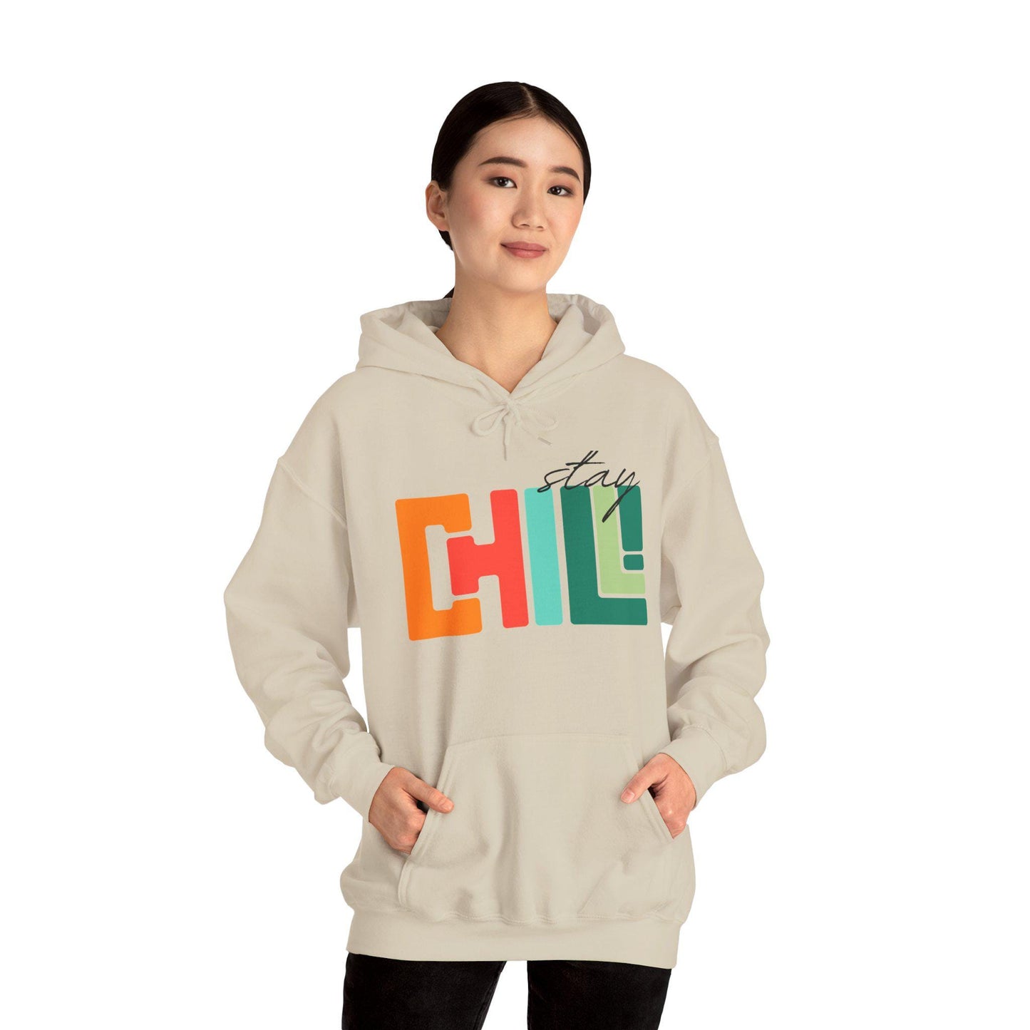 Unisex Adult Chill Graphic Hoodie Colorblock 'Stay Chill' Retro Pullover, Teacher Sweatshirt, Male Female Teen Boy Girl Cozy School Apparel