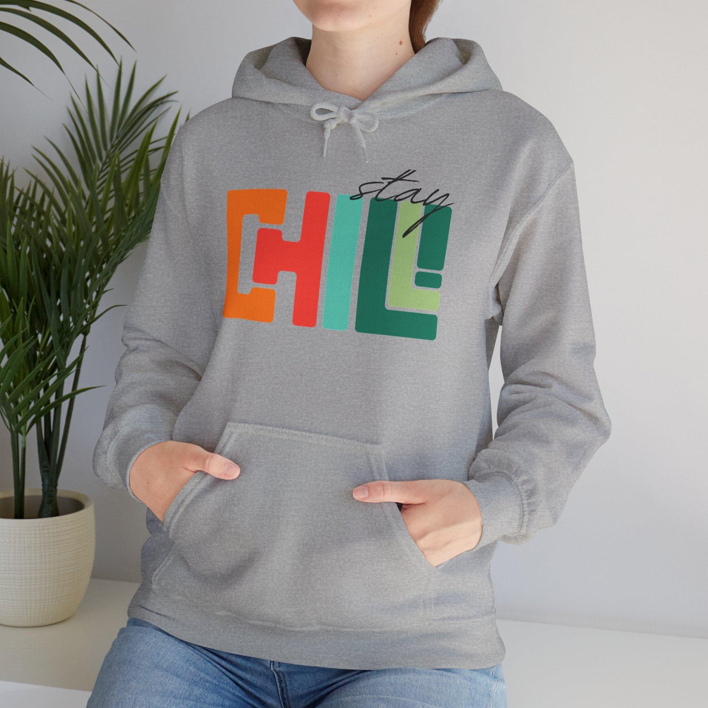 Unisex Adult Chill Graphic Hoodie Colorblock 'Stay Chill' Retro Pullover, Teacher Sweatshirt, Male Female Teen Boy Girl Cozy School Apparel