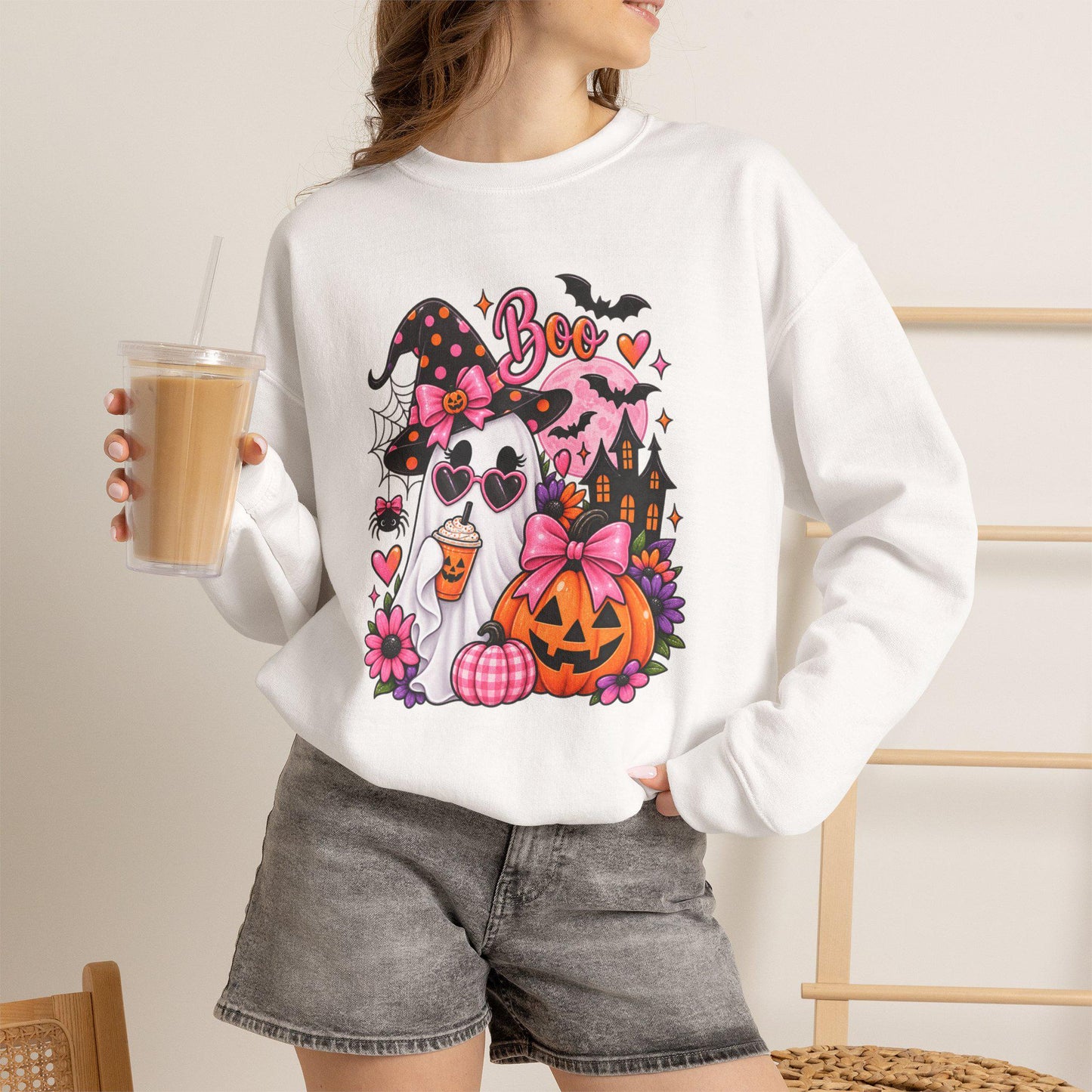 Cute Ghost Witch Halloween Sweatshirt | Harvest Pumpkin Season, Mom Women Teen Female Harvest Season Apparel, Oversized Pullover for Fall