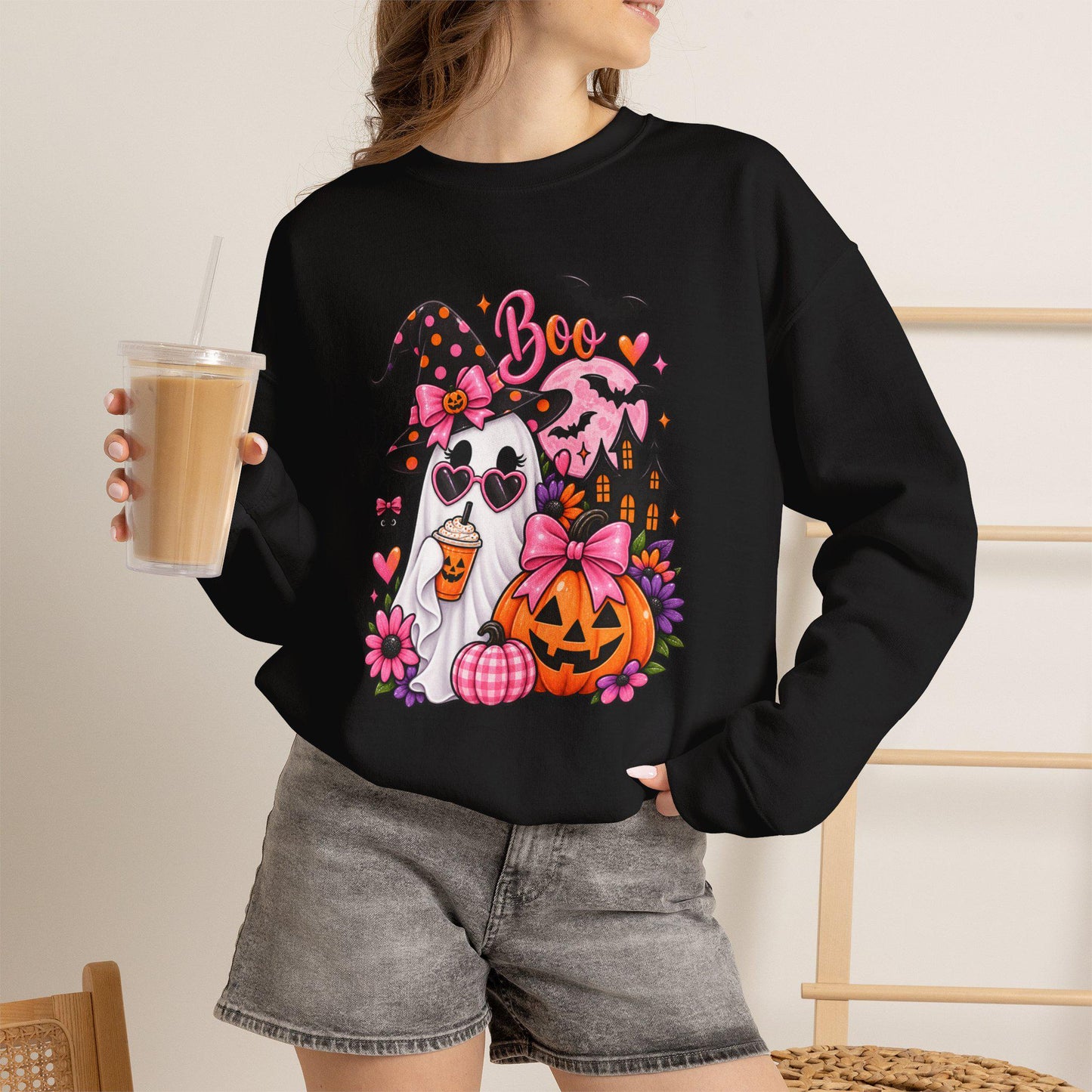 Cute Ghost Witch Halloween Sweatshirt | Harvest Pumpkin Season, Mom Women Teen Female Harvest Season Apparel, Oversized Pullover for Fall