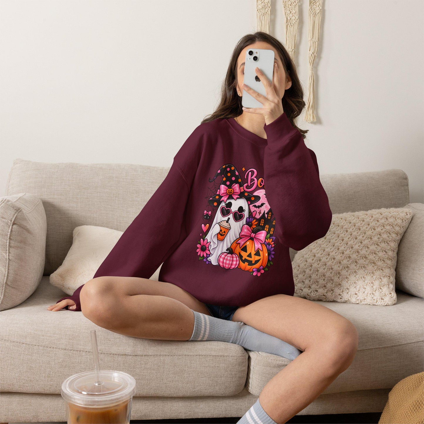 Cute Ghost Witch Halloween Sweatshirt | Harvest Pumpkin Season, Mom Women Teen Female Harvest Season Apparel, Oversized Pullover for Fall