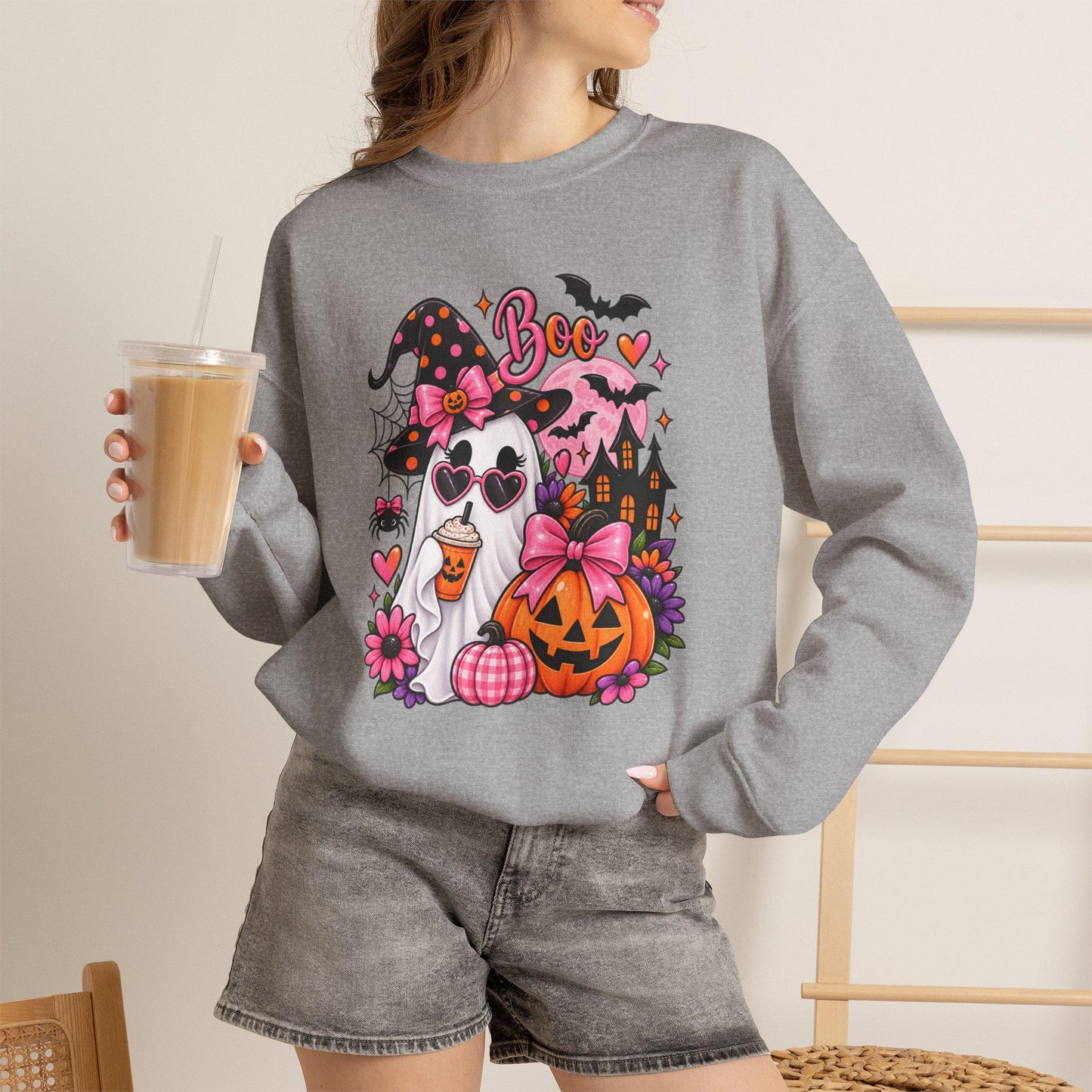 Cute Ghost Witch Halloween Sweatshirt | Harvest Pumpkin Season, Mom Women Teen Female Harvest Season Apparel, Oversized Pullover for Fall