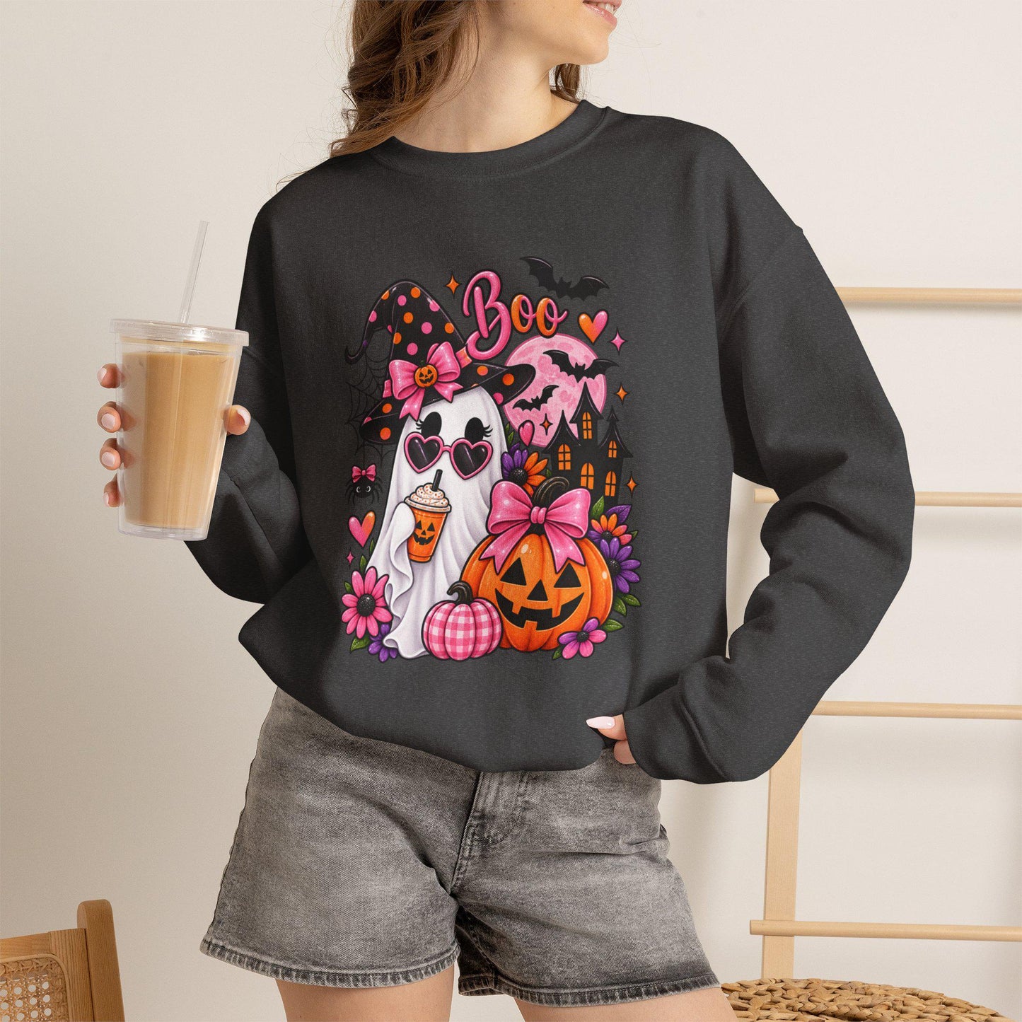 Cute Ghost Witch Halloween Sweatshirt | Harvest Pumpkin Season, Mom Women Teen Female Harvest Season Apparel, Oversized Pullover for Fall