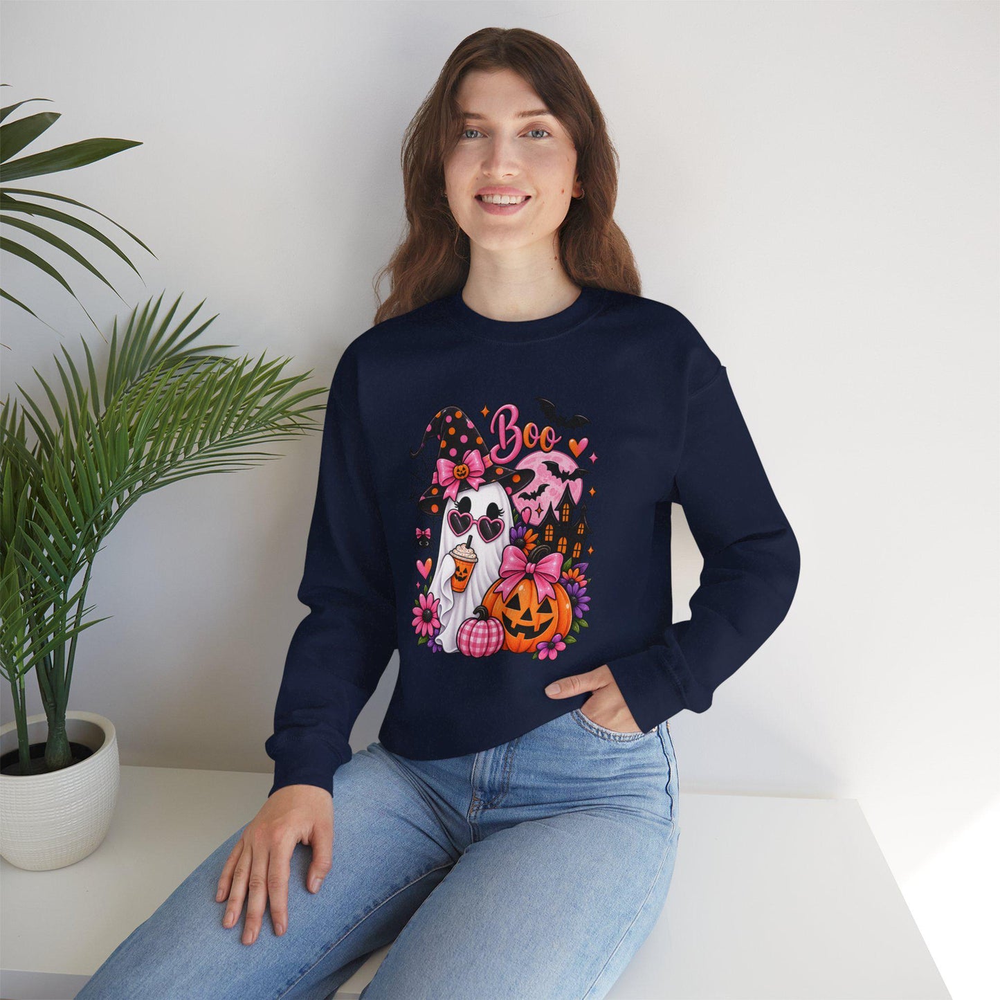 Cute Ghost Witch Halloween Sweatshirt | Harvest Pumpkin Season, Mom Women Teen Female Harvest Season Apparel, Oversized Pullover for Fall