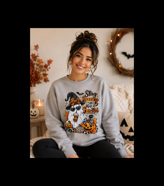 Stay Spooky & Be Kind Hoodie Sweatshirt | Halloween Ghost Pumpkin Design, Mom Female Teen Autumn Apparel, Everyday School Friend Streetwear