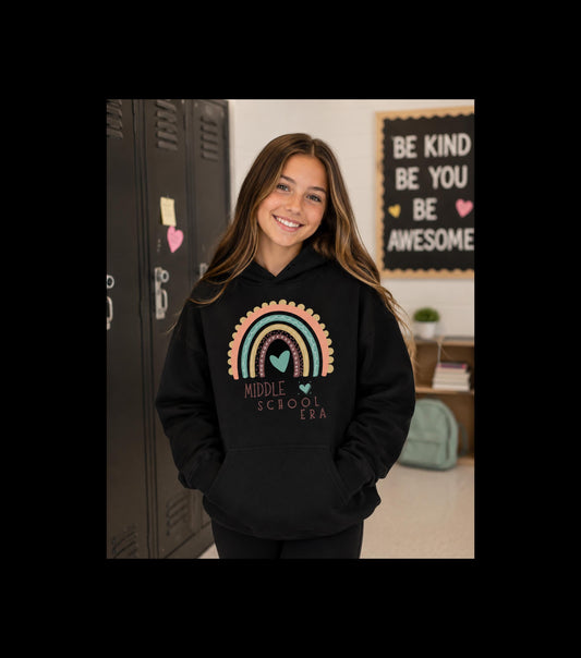 Middle School Boho Rainbow Heart Hoodie gifted | Cozy Pastel Rainbow Sweatshirt | Youthful and Children | Teen Pullover Era