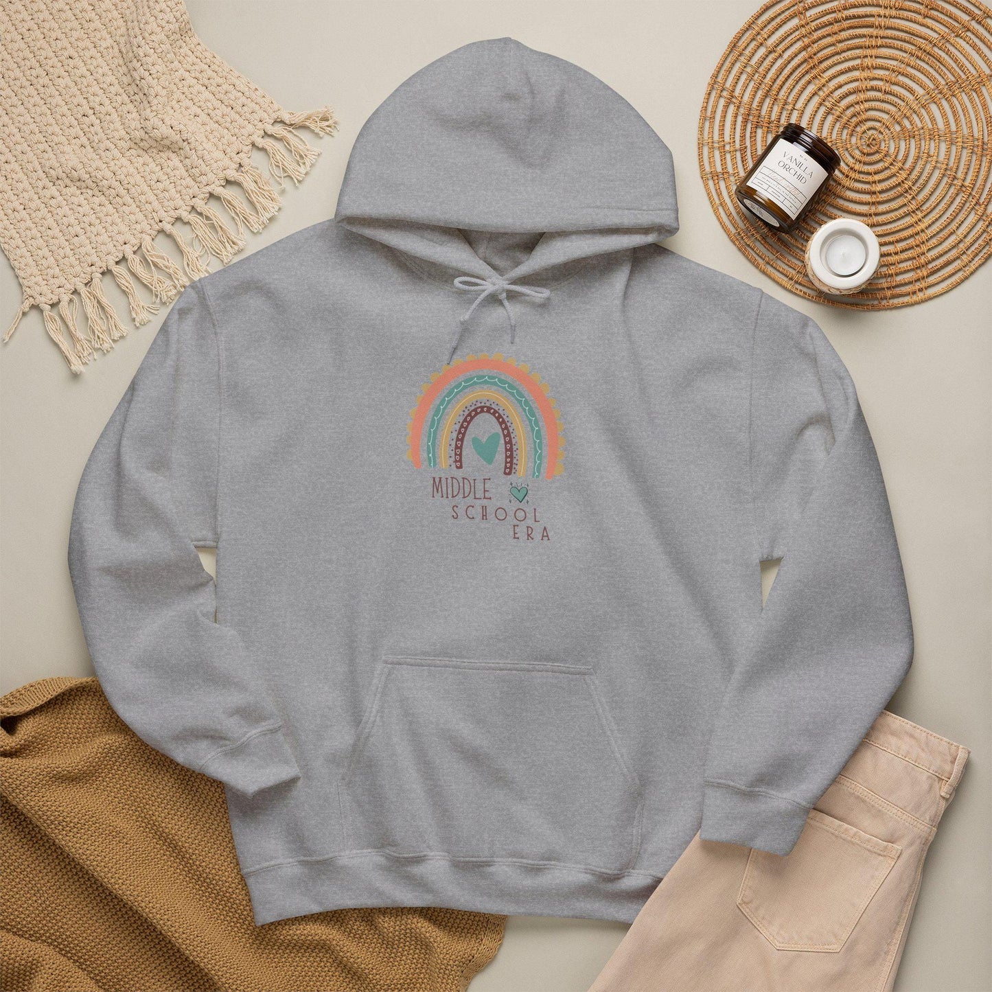 Middle School Boho Rainbow Heart Hoodie gifted | Cozy Pastel Rainbow Sweatshirt | Youthful and Children | Teen Pullover Era