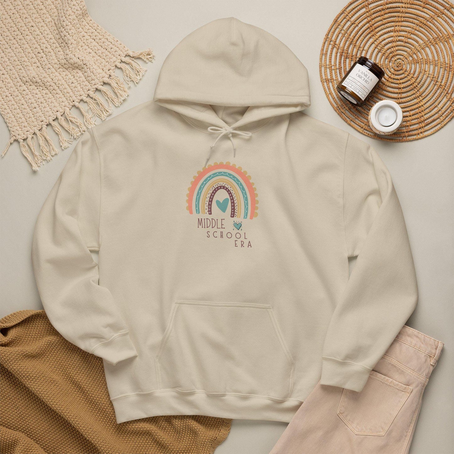 Middle School Boho Rainbow Heart Hoodie gifted | Cozy Pastel Rainbow Sweatshirt | Youthful and Children | Teen Pullover Era