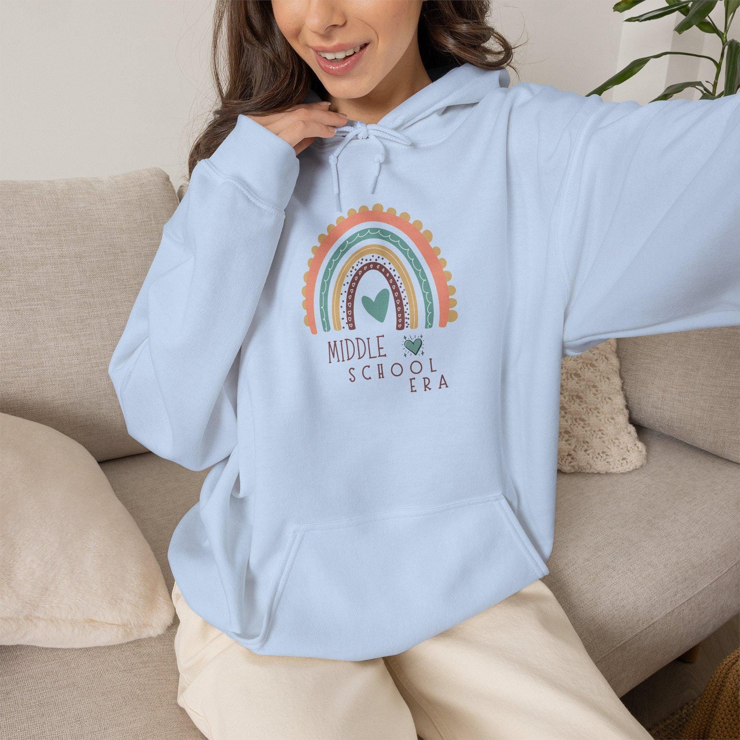 Middle School Boho Rainbow Heart Hoodie gifted | Cozy Pastel Rainbow Sweatshirt | Youthful and Children | Teen Pullover Era